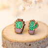Hand Painted Cactus Cherry Wood Stud Earrings - PEO14046 - Robin Valley Official Store