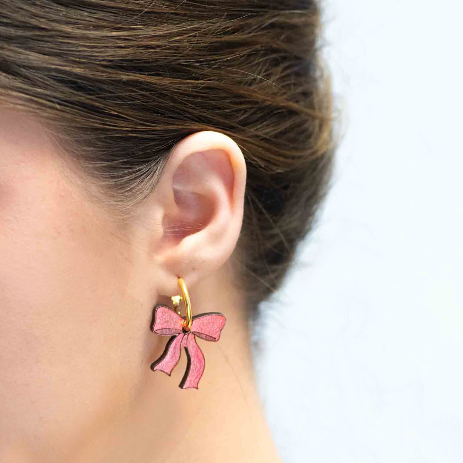 womens pink ribbon bow hoop earrings