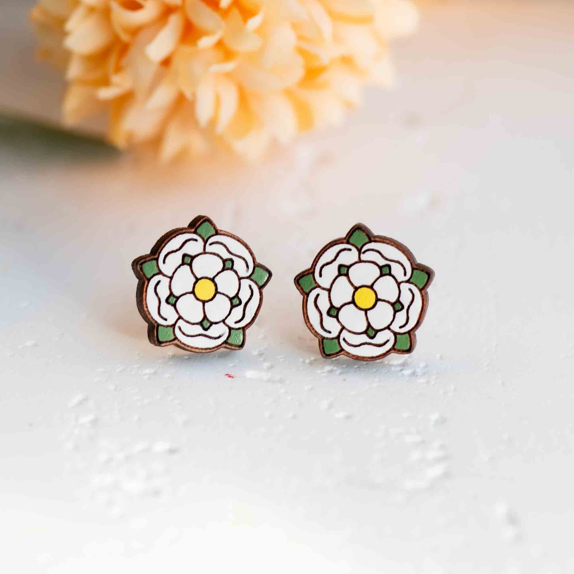 Hand-painted Tudor Rose Wooden Earrings Green - PEO14117