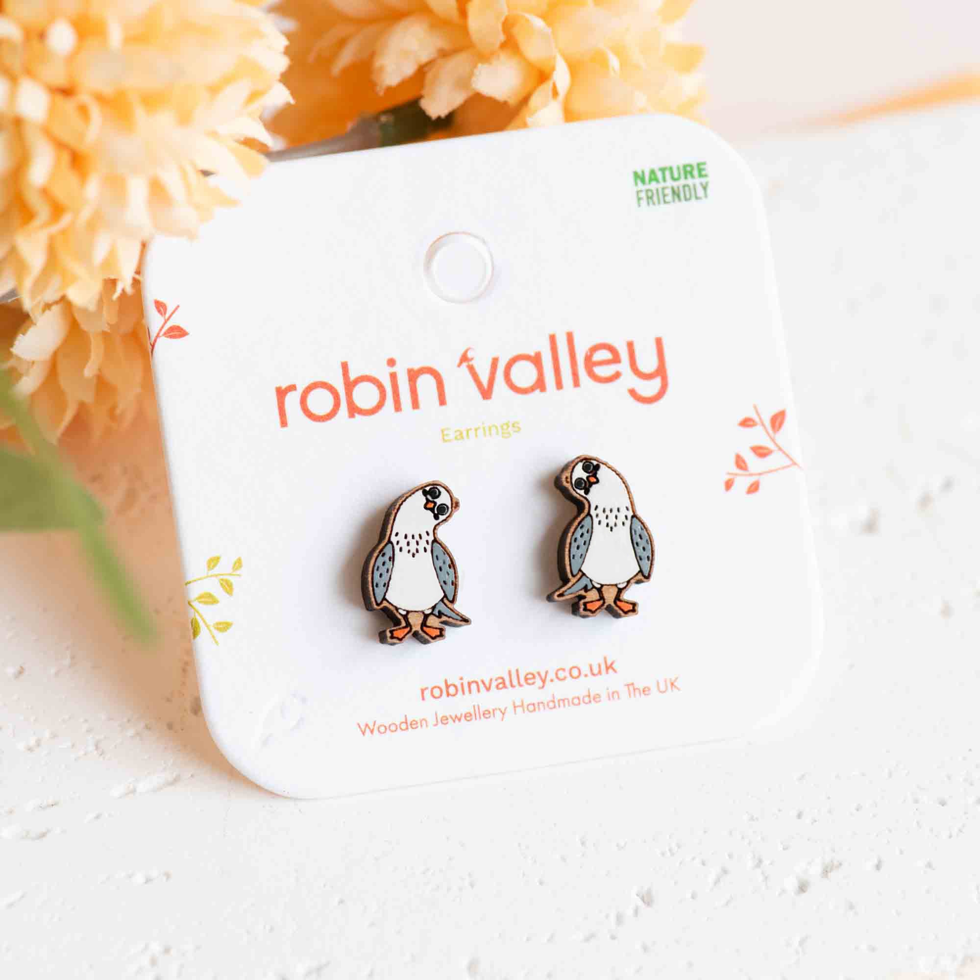 Hand-painted Tilting Head Seagull Wooden Earrings - PEB12061