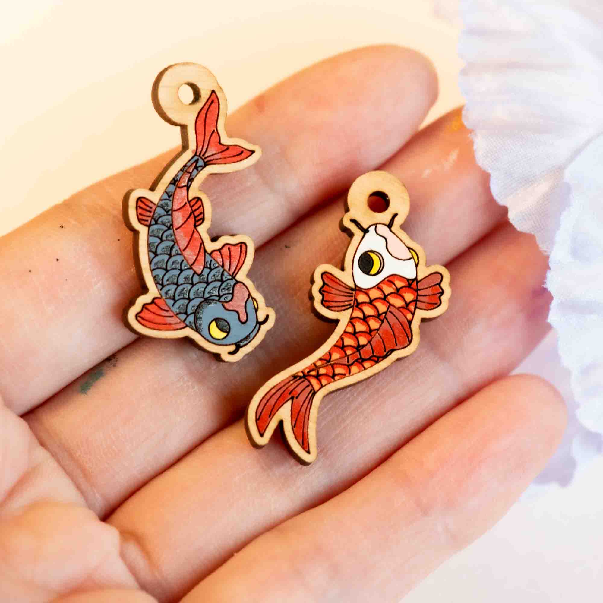 Hand-Painted Wooden Yin Yang Koi Fish Hoop Earrings - PES13118H