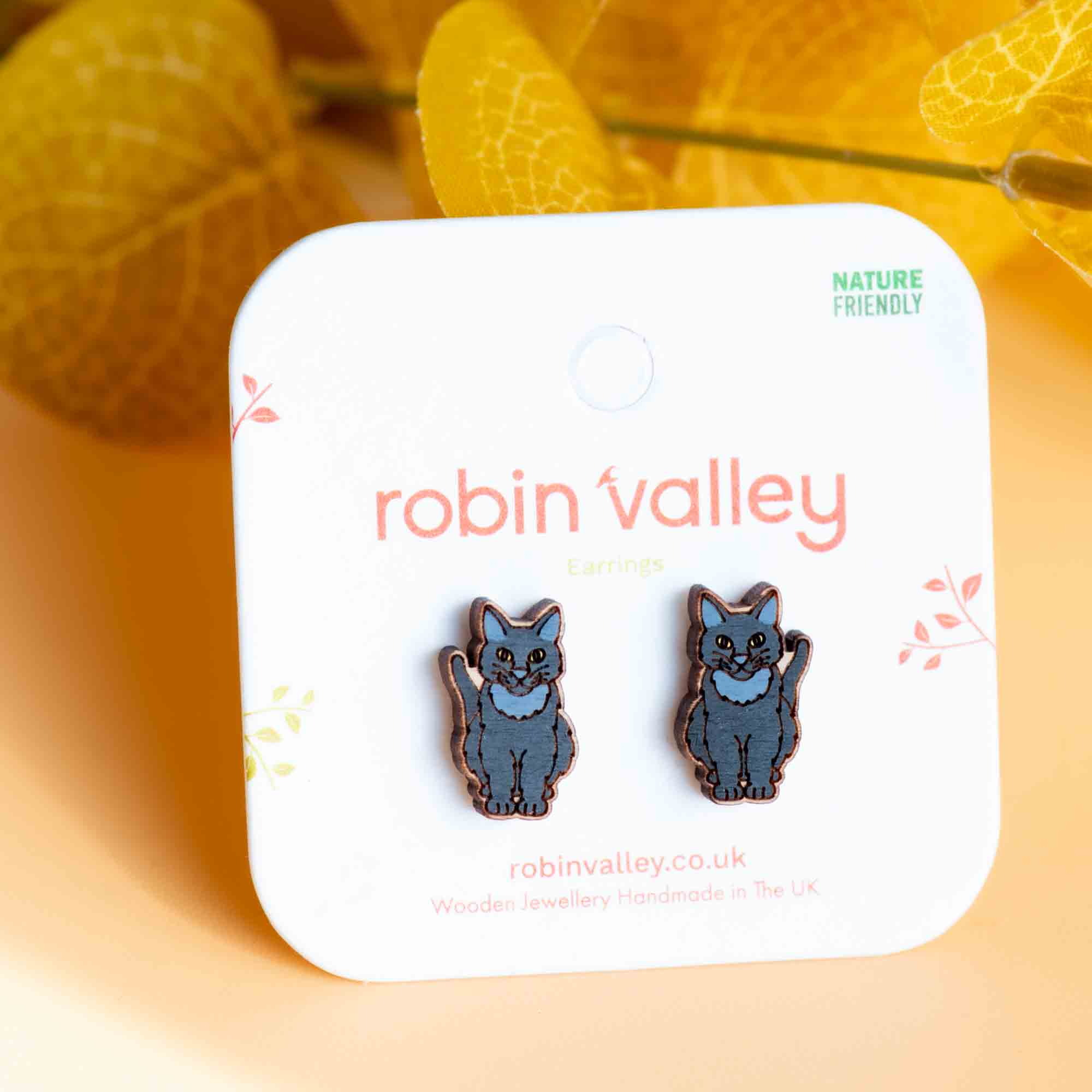 Hand-painted Wooden Sitting Black Cat Earrings - PEL10335