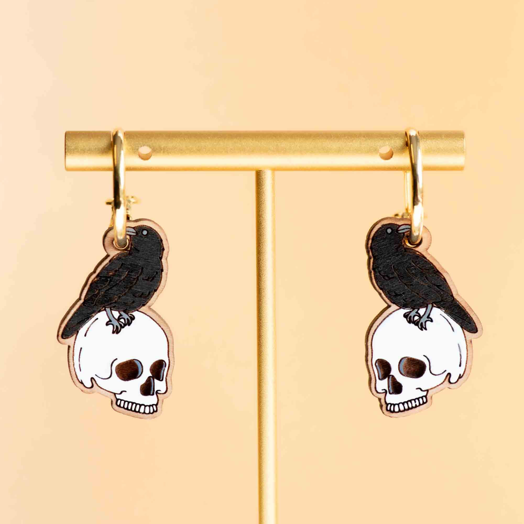 Hand-Painted Raven and Skull Hoop Earrings - PET15282H