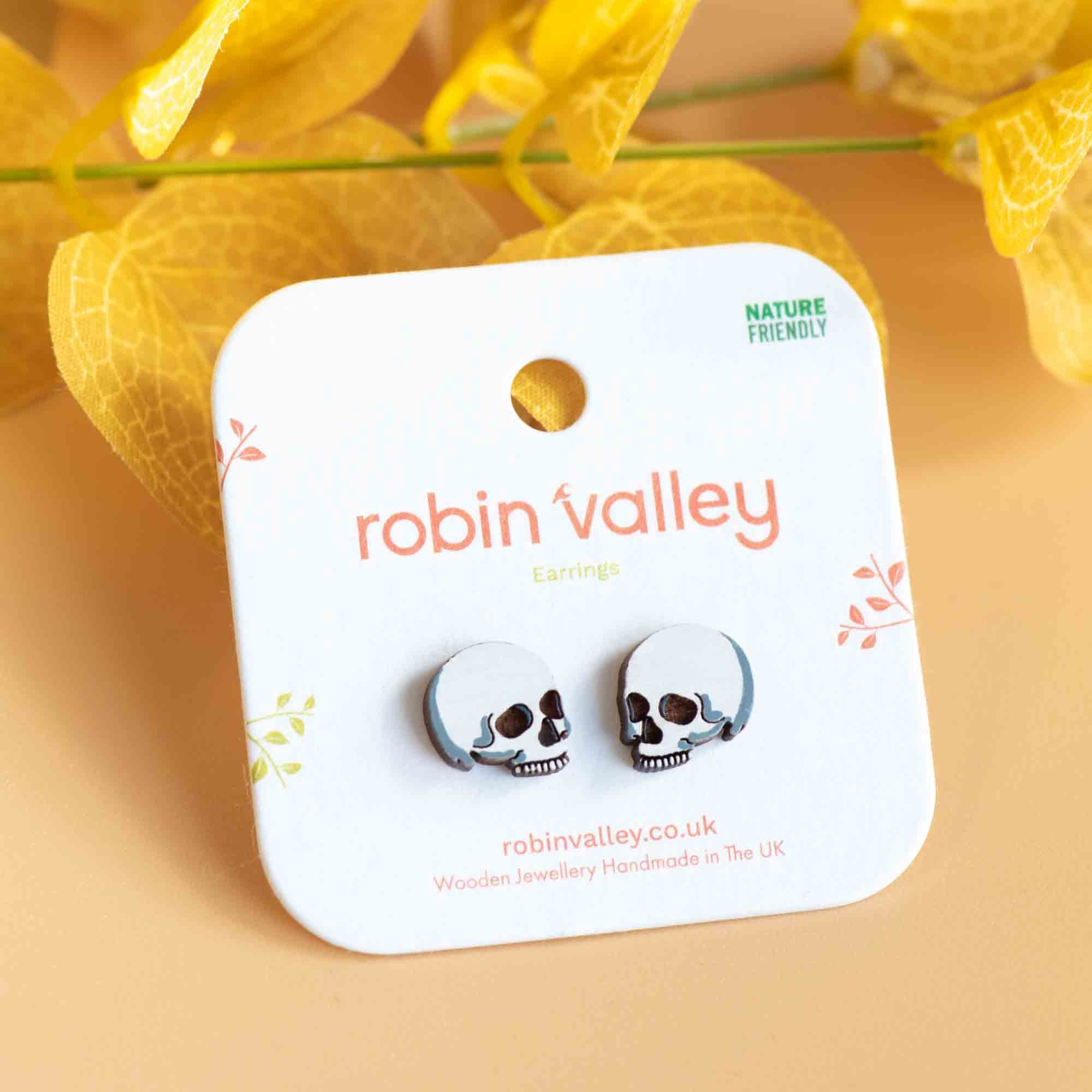 Hand-painted Skull Wooden Stud Earrings - PET15307