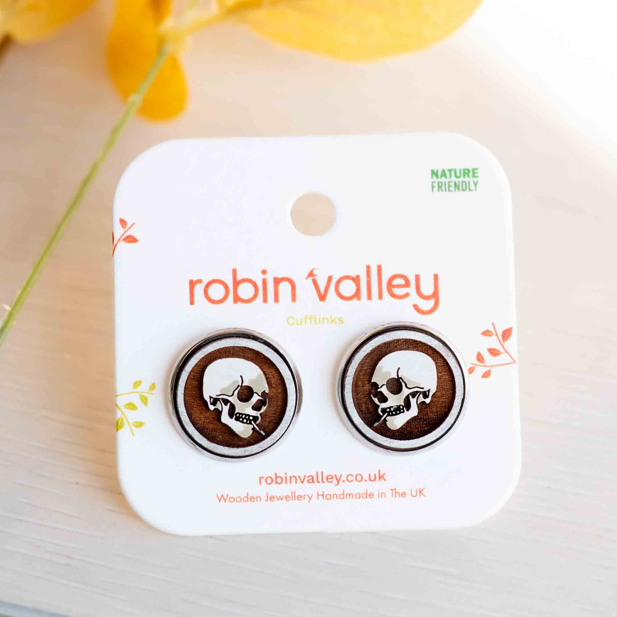 Skull of a Skeleton with Burning Cigarette Wooden Cufflinks -CT35309 Inspired by Vincent van Gogh