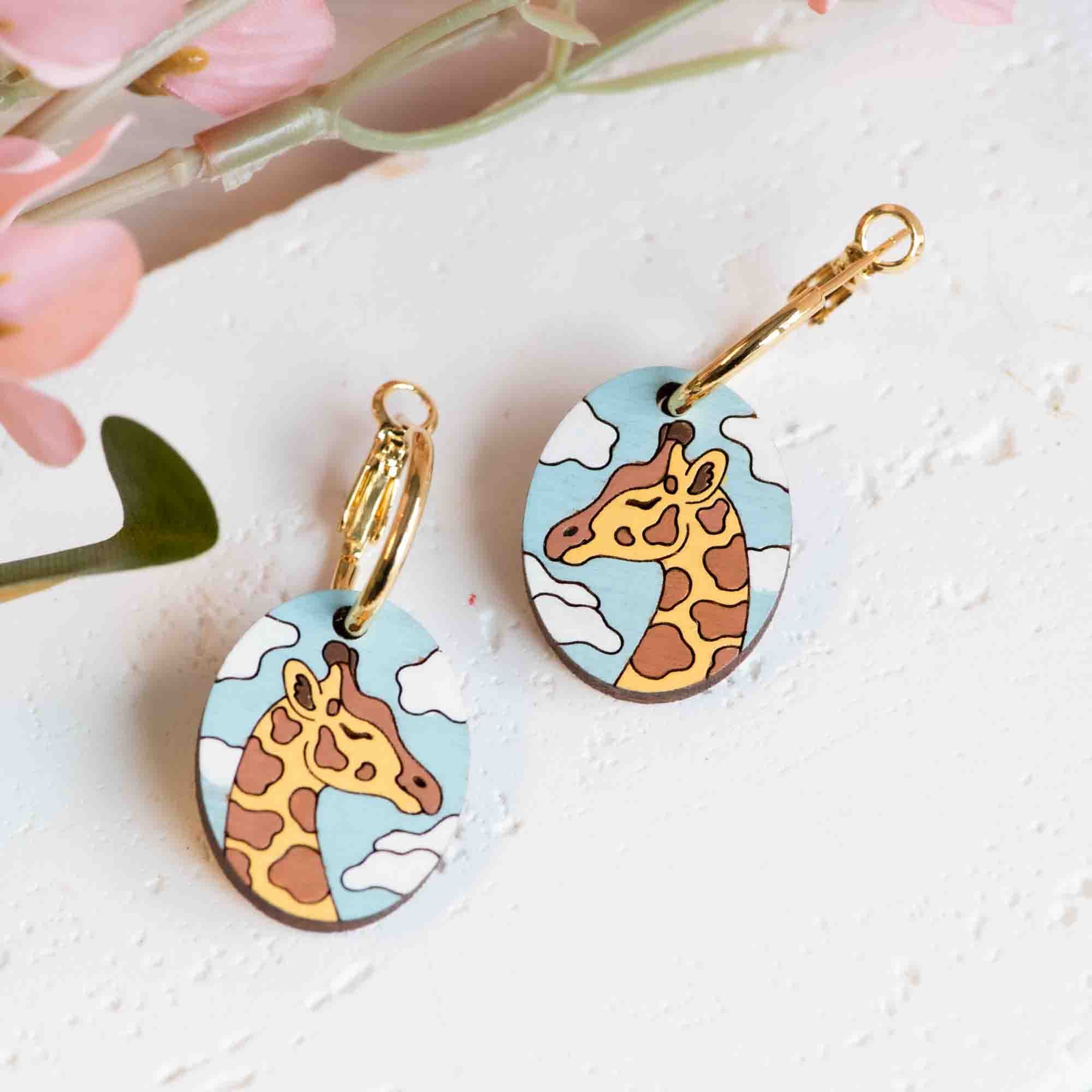 Hand-Painted Giraffe in the Clouds Wooden Hoop Earrings - PEL10379H