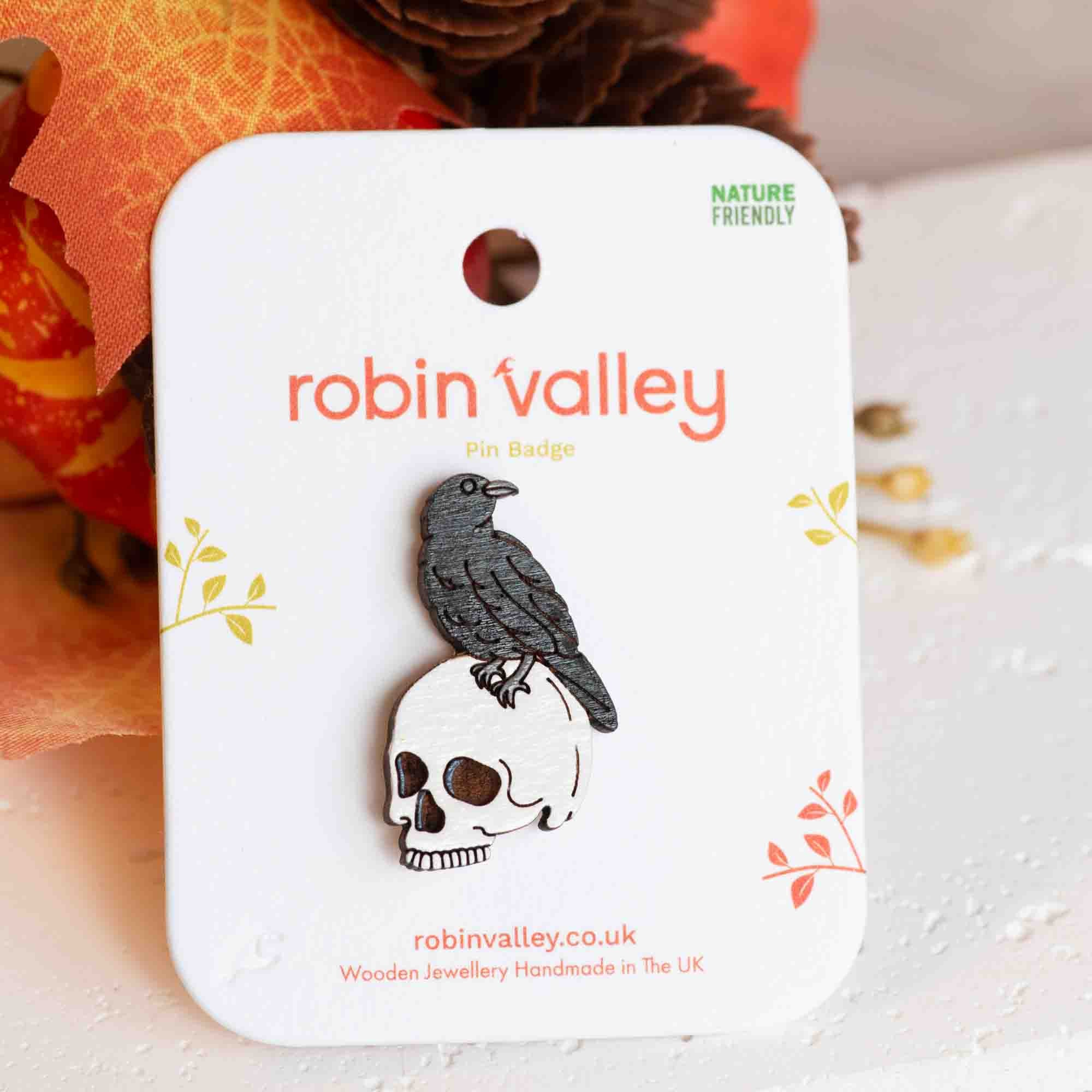 Hand-painted Raven and Skull Wooden Pin Badge - PT45282