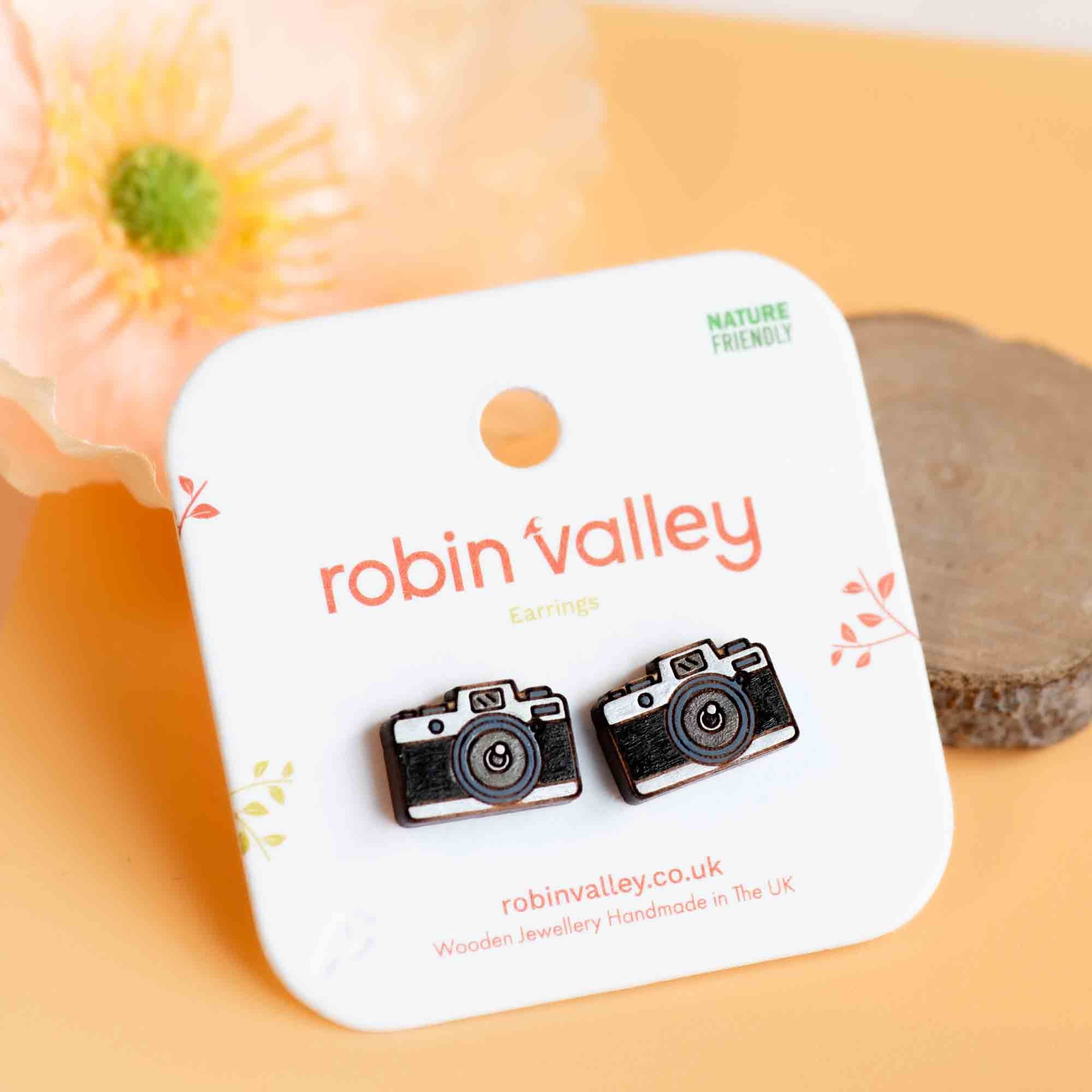 Hand-painted Camera Wooden Earrings - PET15327