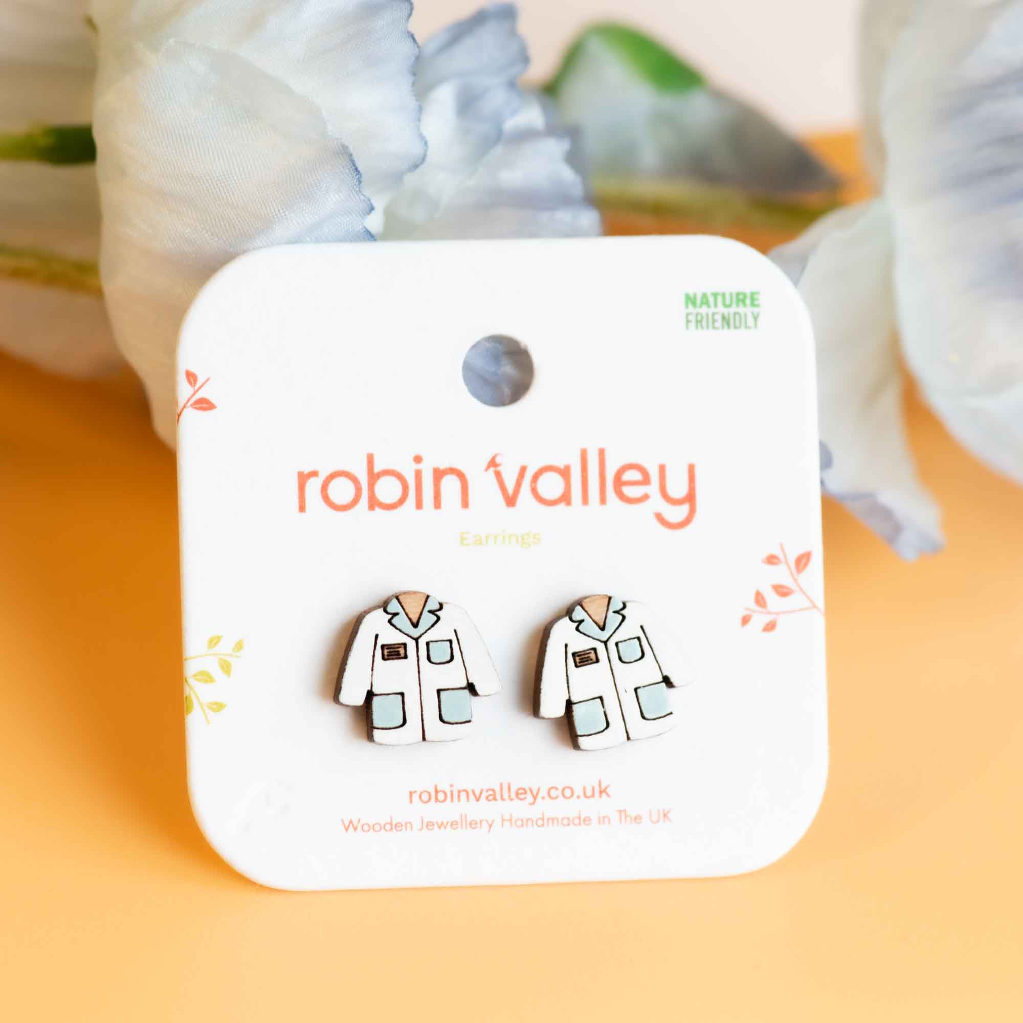 Hand-painted Lab Coat Wooden Earrings- PET15322