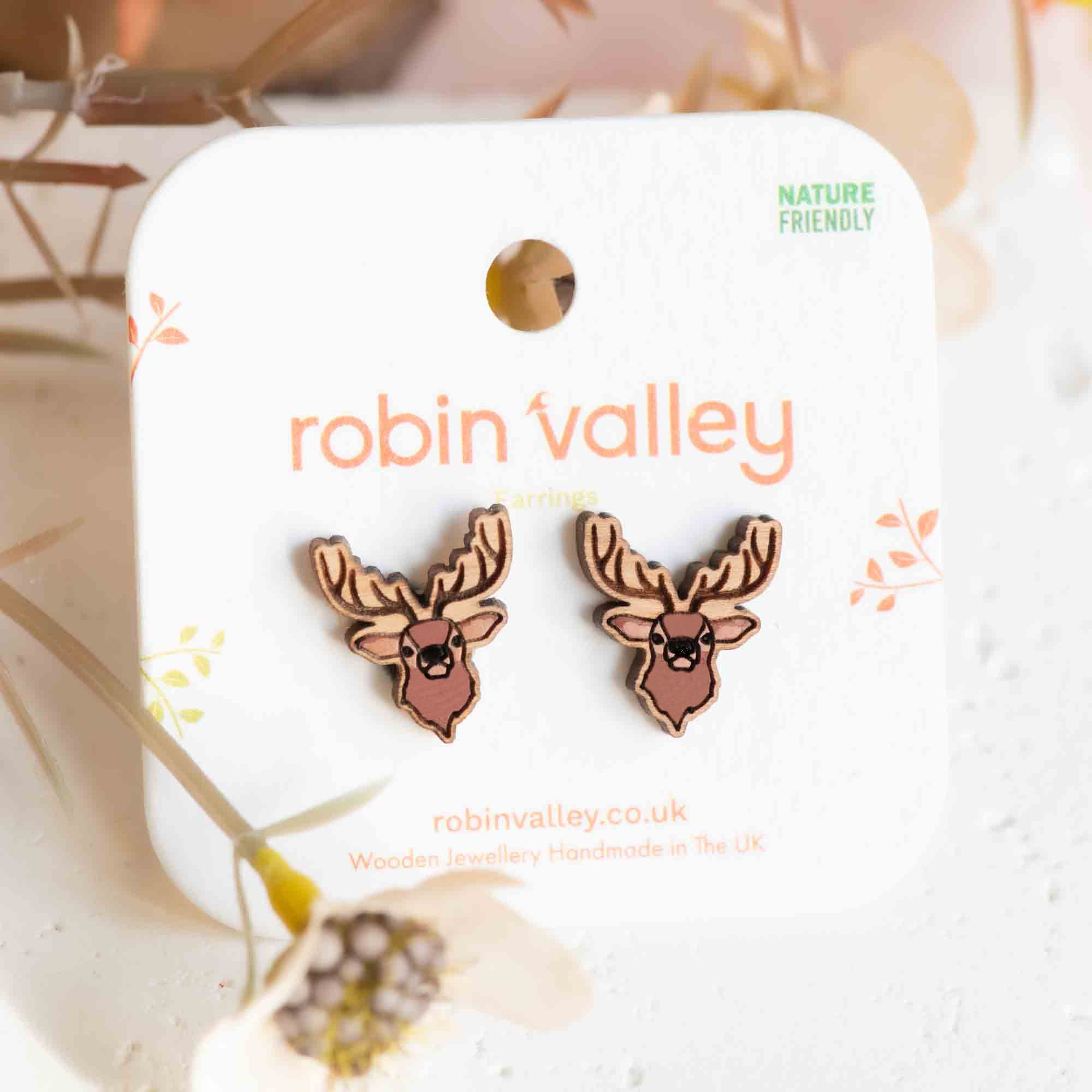Hand-painted Scottish Red Deer Wooden Earrings - PEL10349