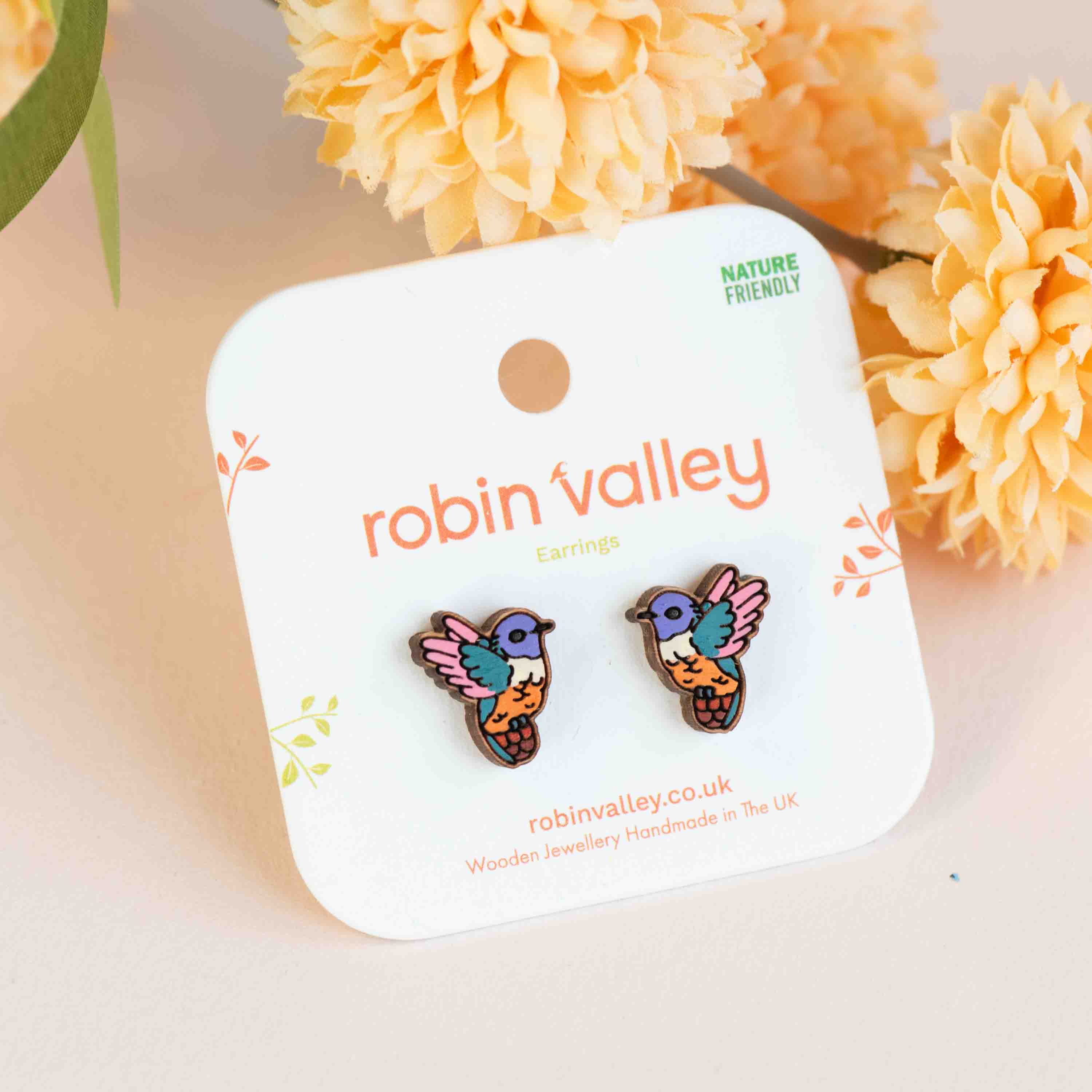 Hand-painted Fluffy Humming Bird Wooden Stud Earrings - PEB12079