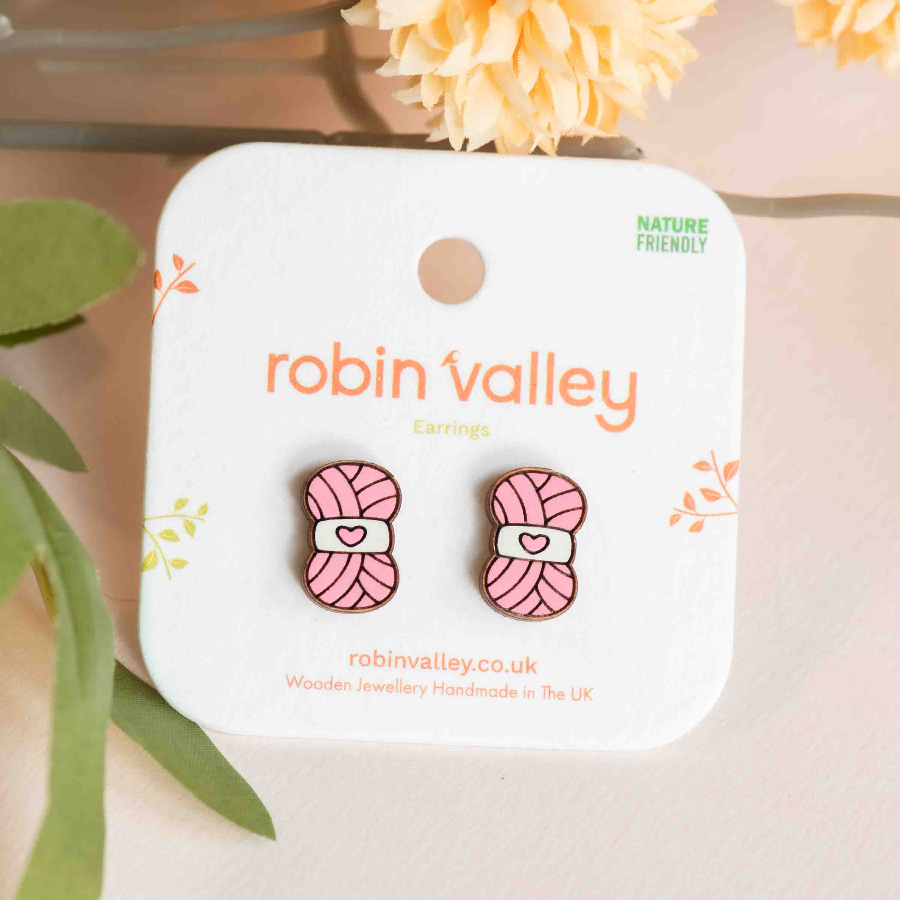 Hand-painted Pink Heart Yarn Wooden Earrings - PET15359