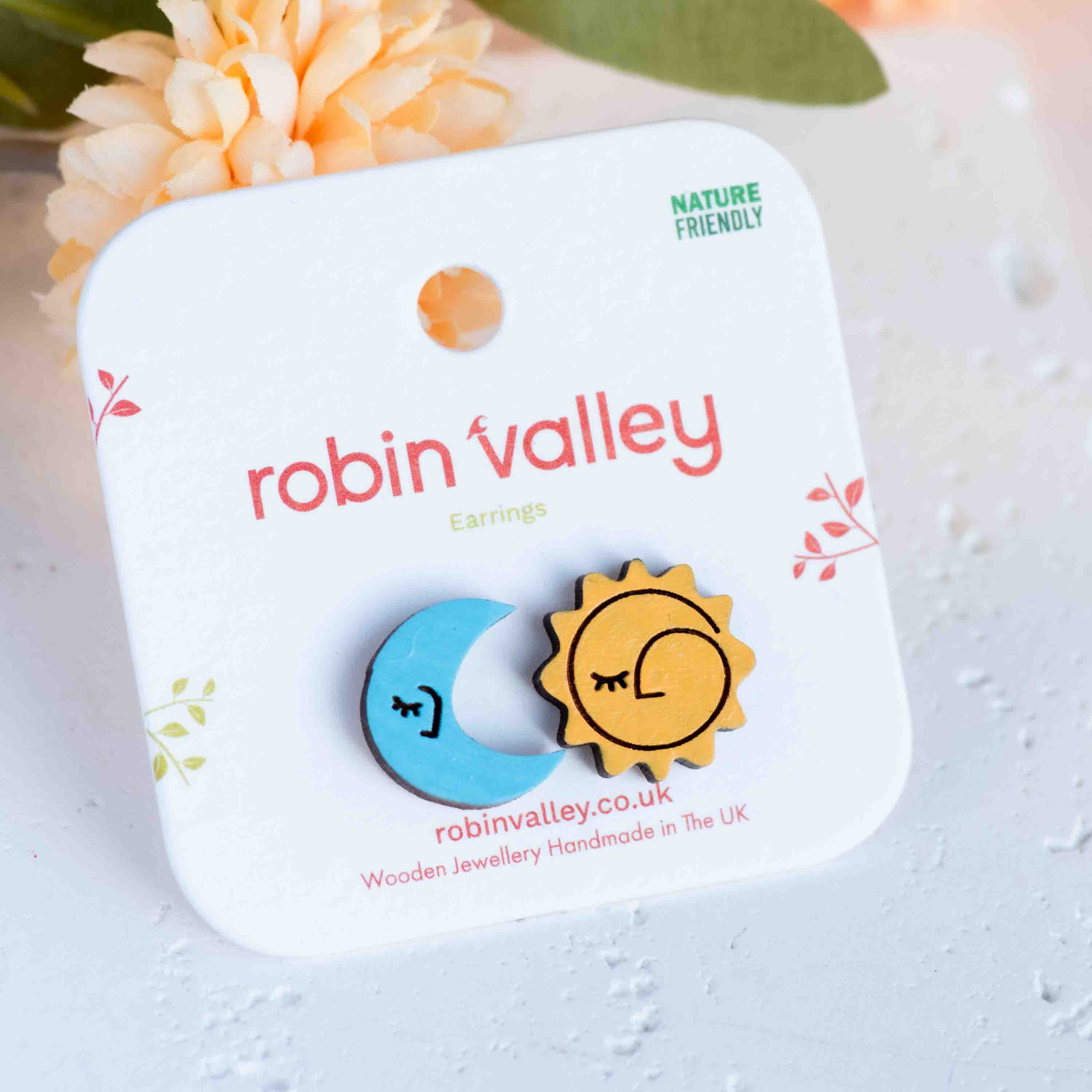 Hand-painted Sun and Crescent Wooden Stud Earrings - PEO14224