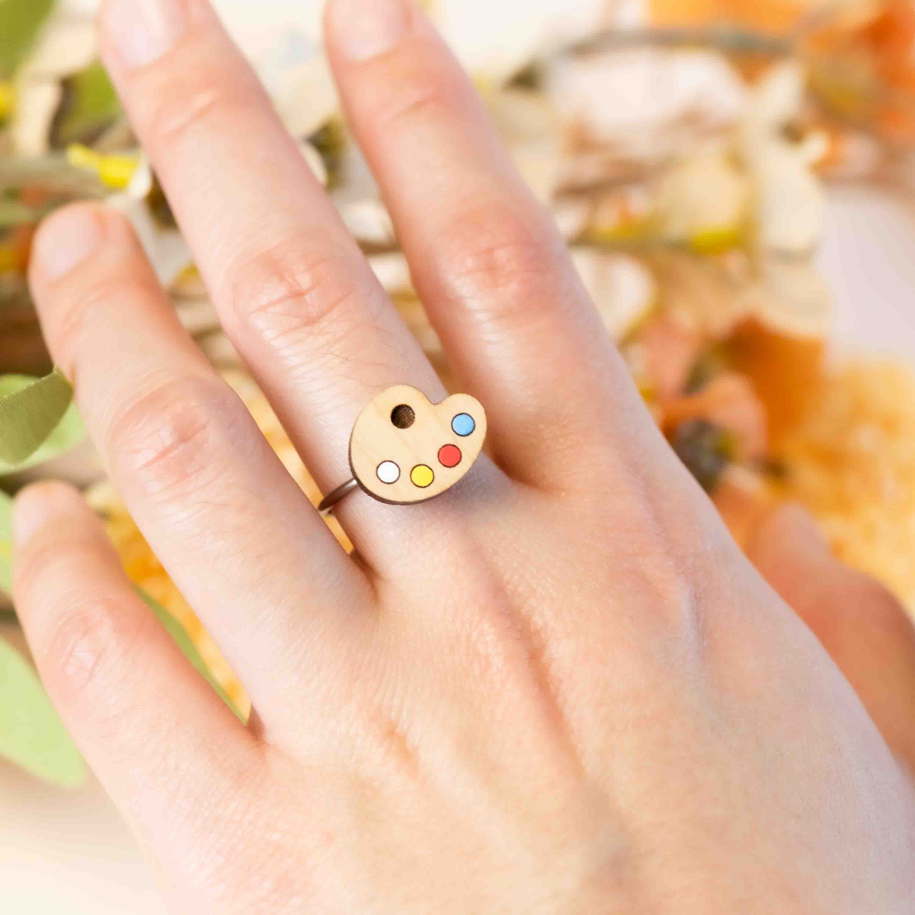 Hand-Painted Palette Adjustable Wooden Ring - RA75007