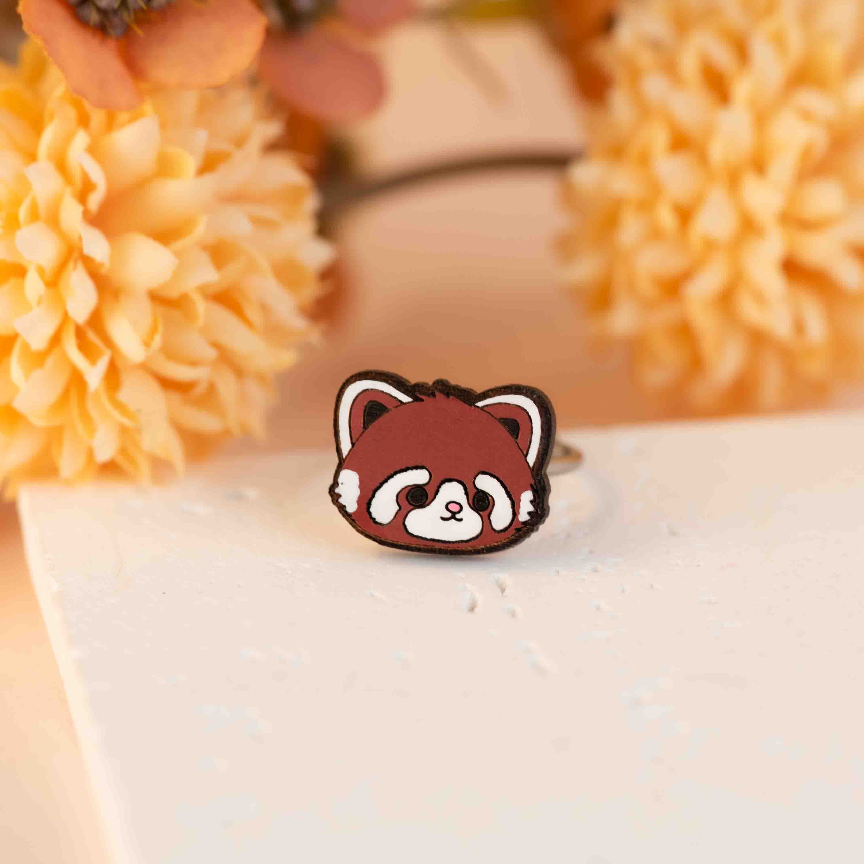 Hand-Painted Fluffy Red Panda Adjustable Wooden Ring - RL70213