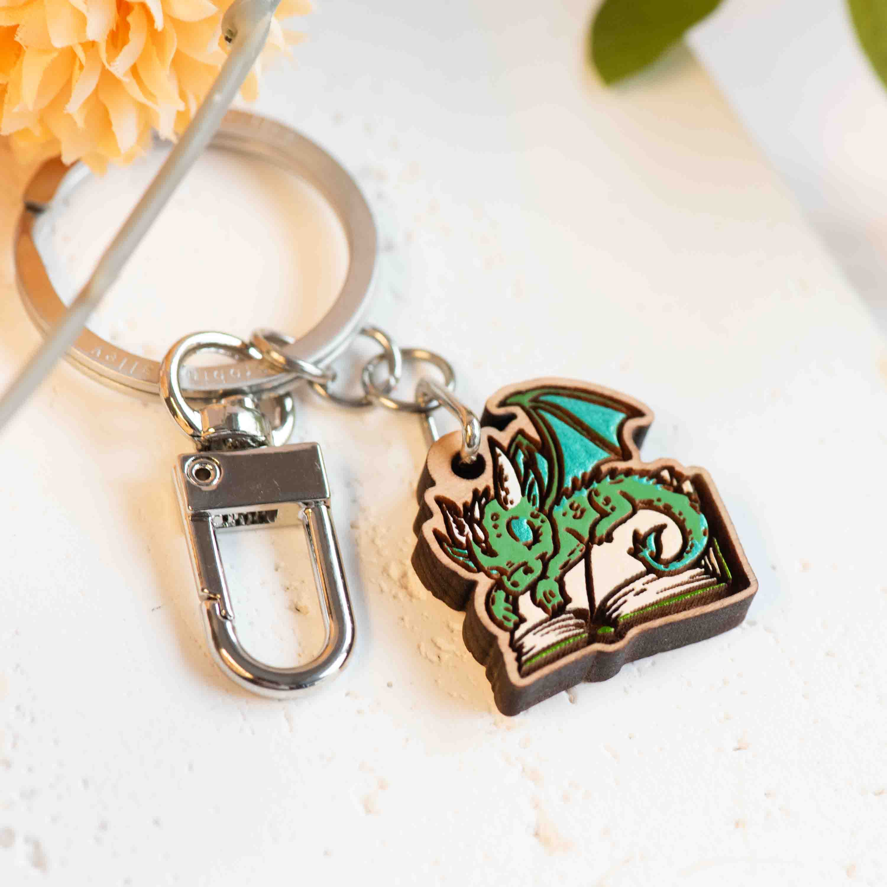 Hand-painted Sleeping Dragon on Book Wooden Keyring - KO24217