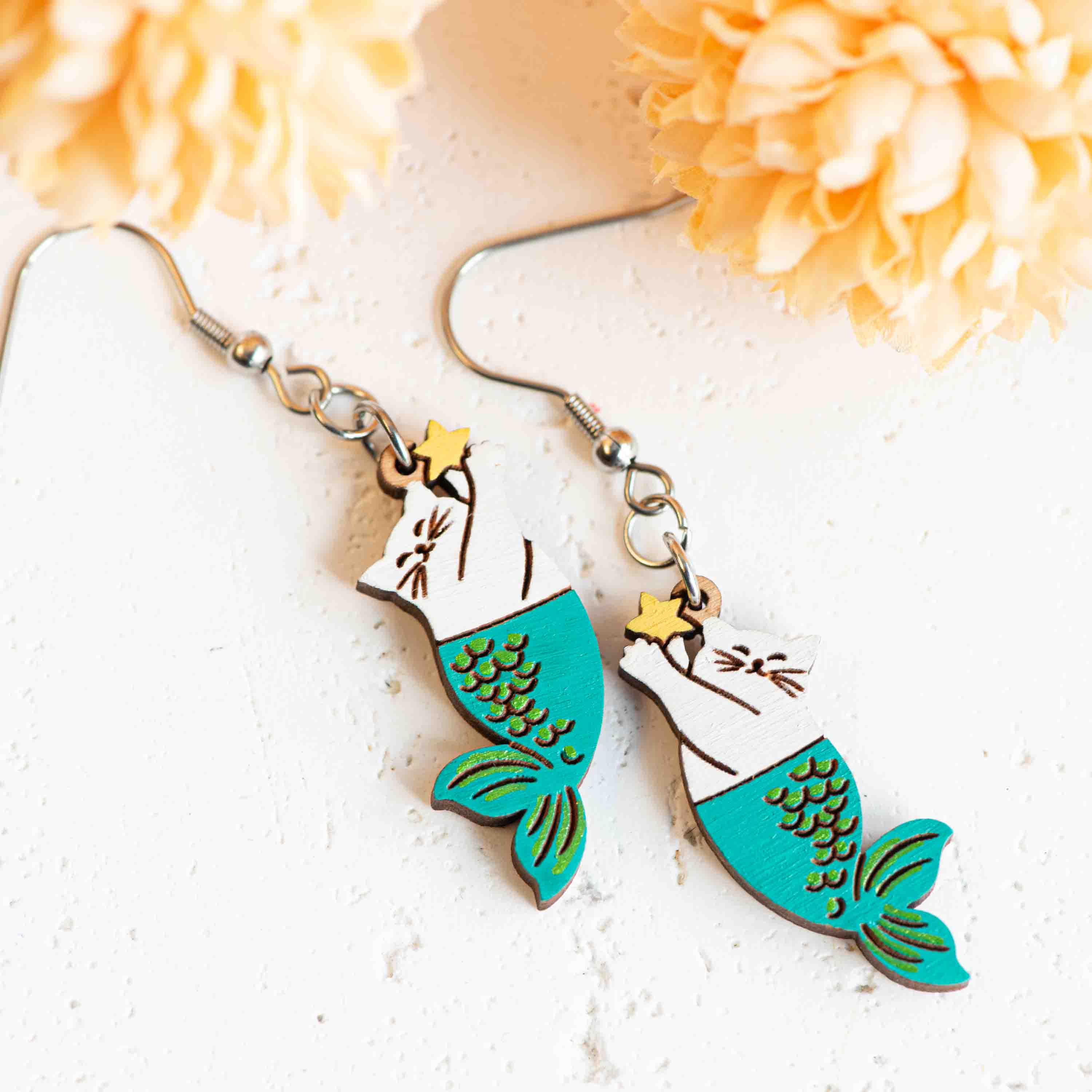 Hand-painted Mermaid Cat With Star Hook Earrings - PEO14089D
