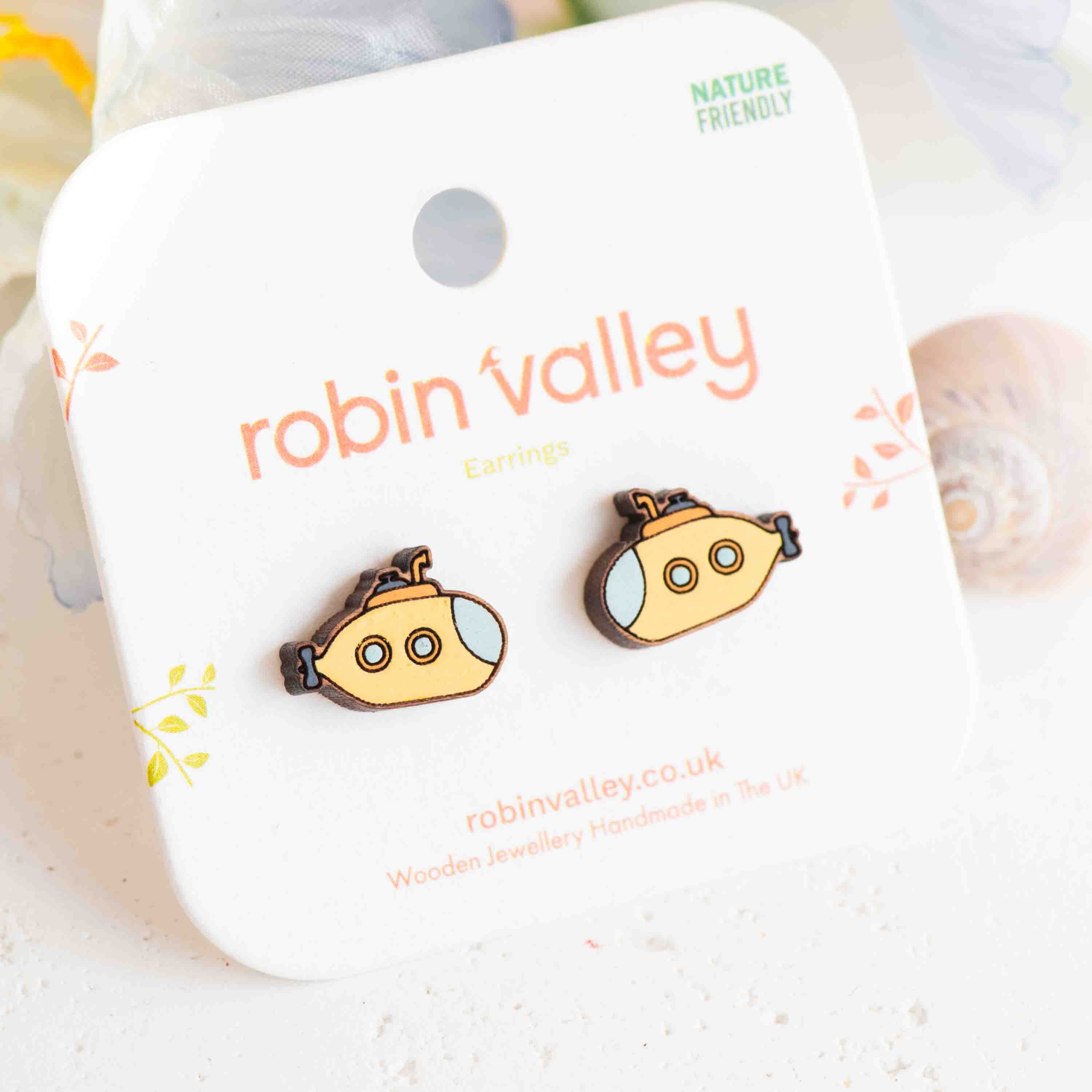 Hand-painted Yellow Submarine Wooden Stud Earrings - PET15455