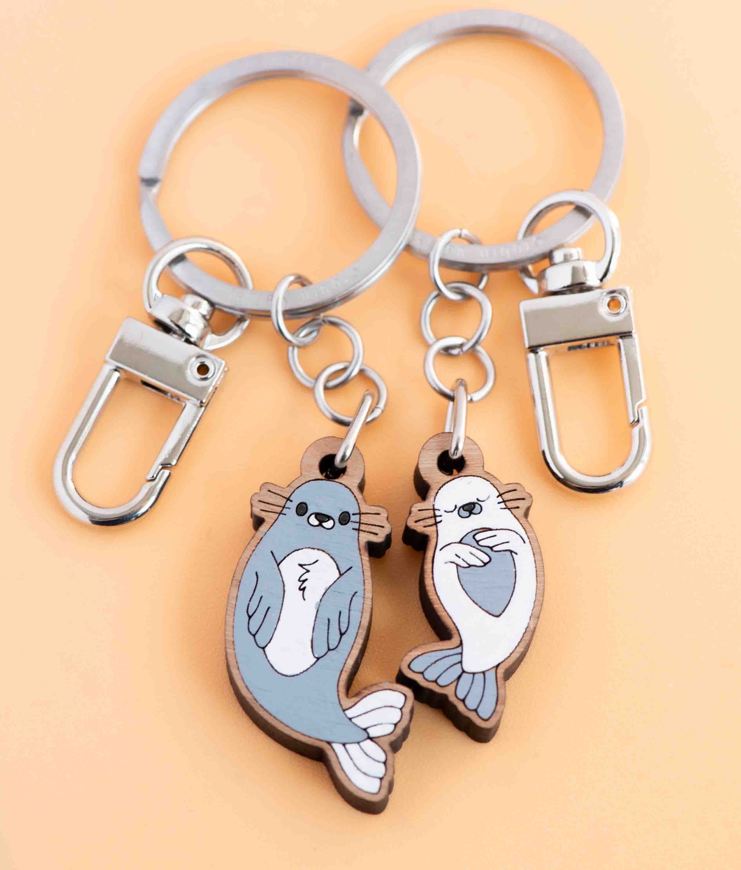 Seal Mum & Pup Wooden Keyring Set