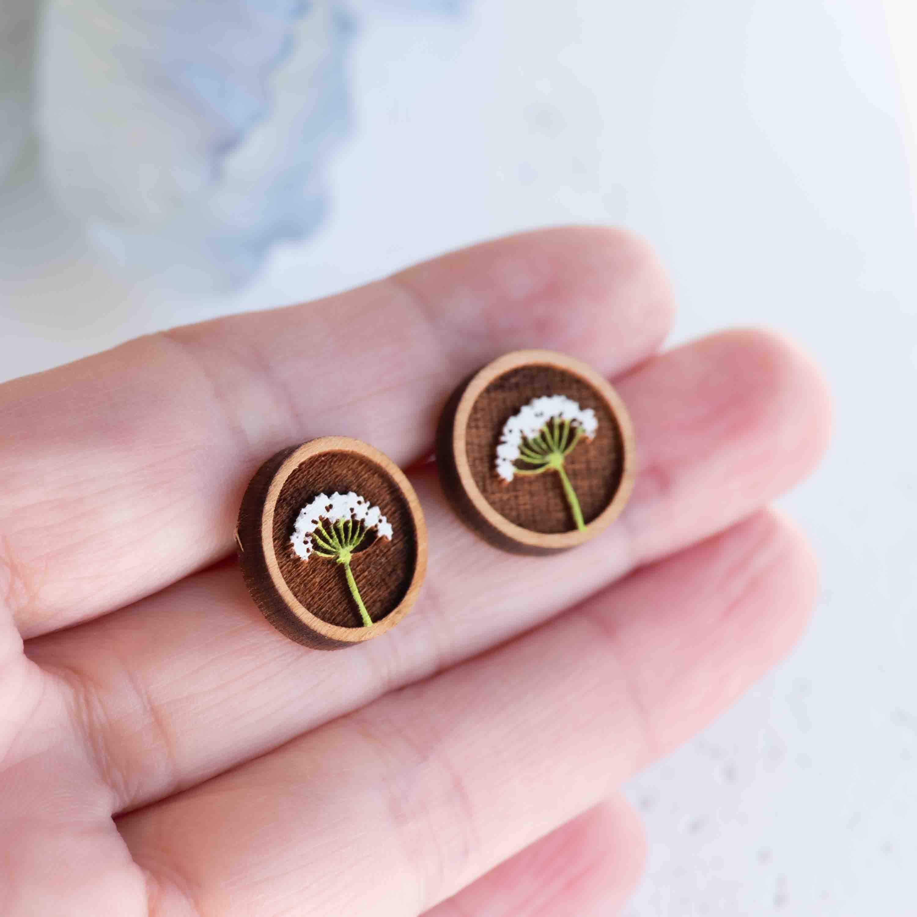 Hand-painted Elegant Cow Parsley Stem Wooden Stud Earrings - PEO14241