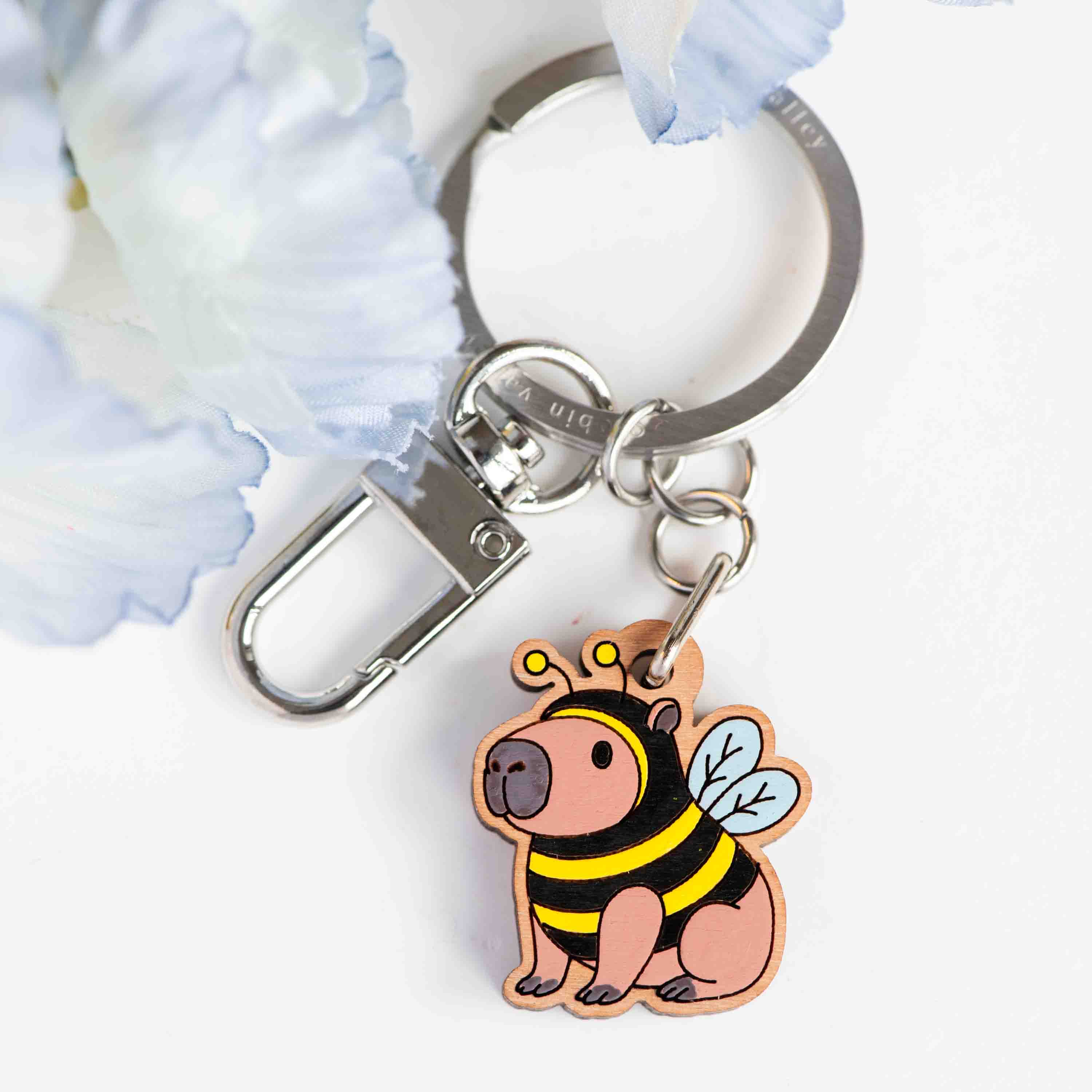 Hand-painted Capybara in Bee Costume Wooden Keyring - KL20437