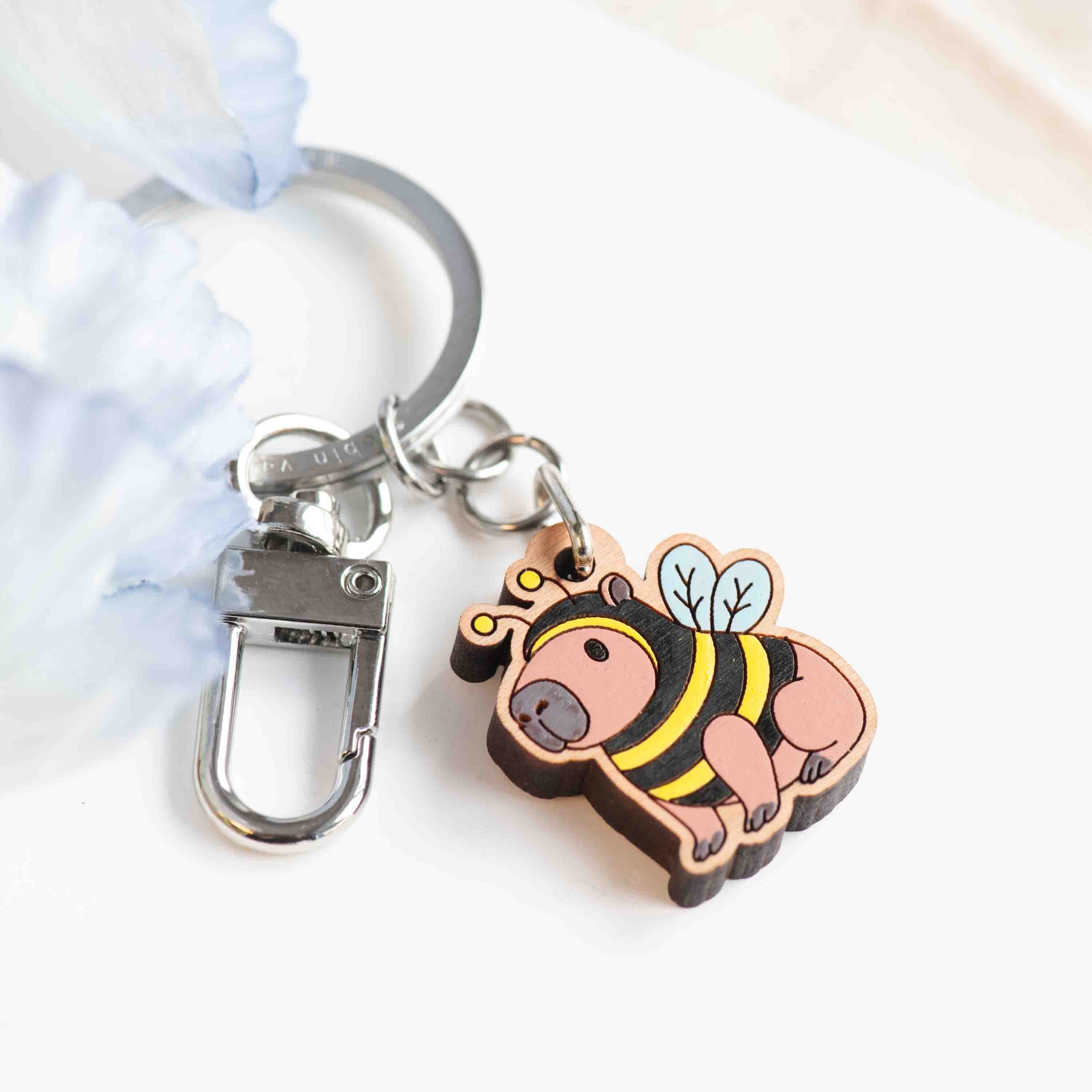 Hand-painted Capybara in Bee Costume Wooden Keyring - KL20437