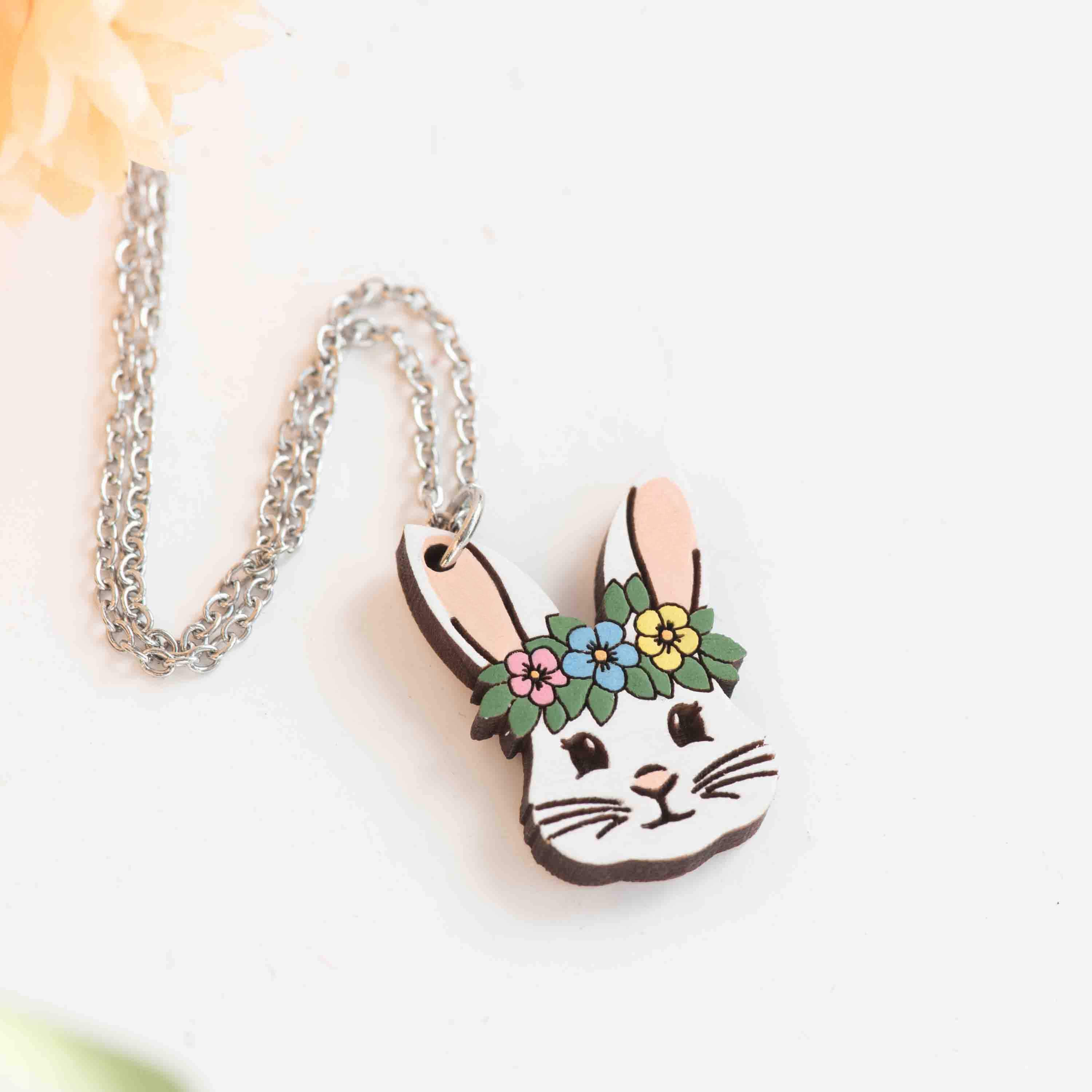 Hand Painted Flora Bunny Wooden Necklace - NL60448