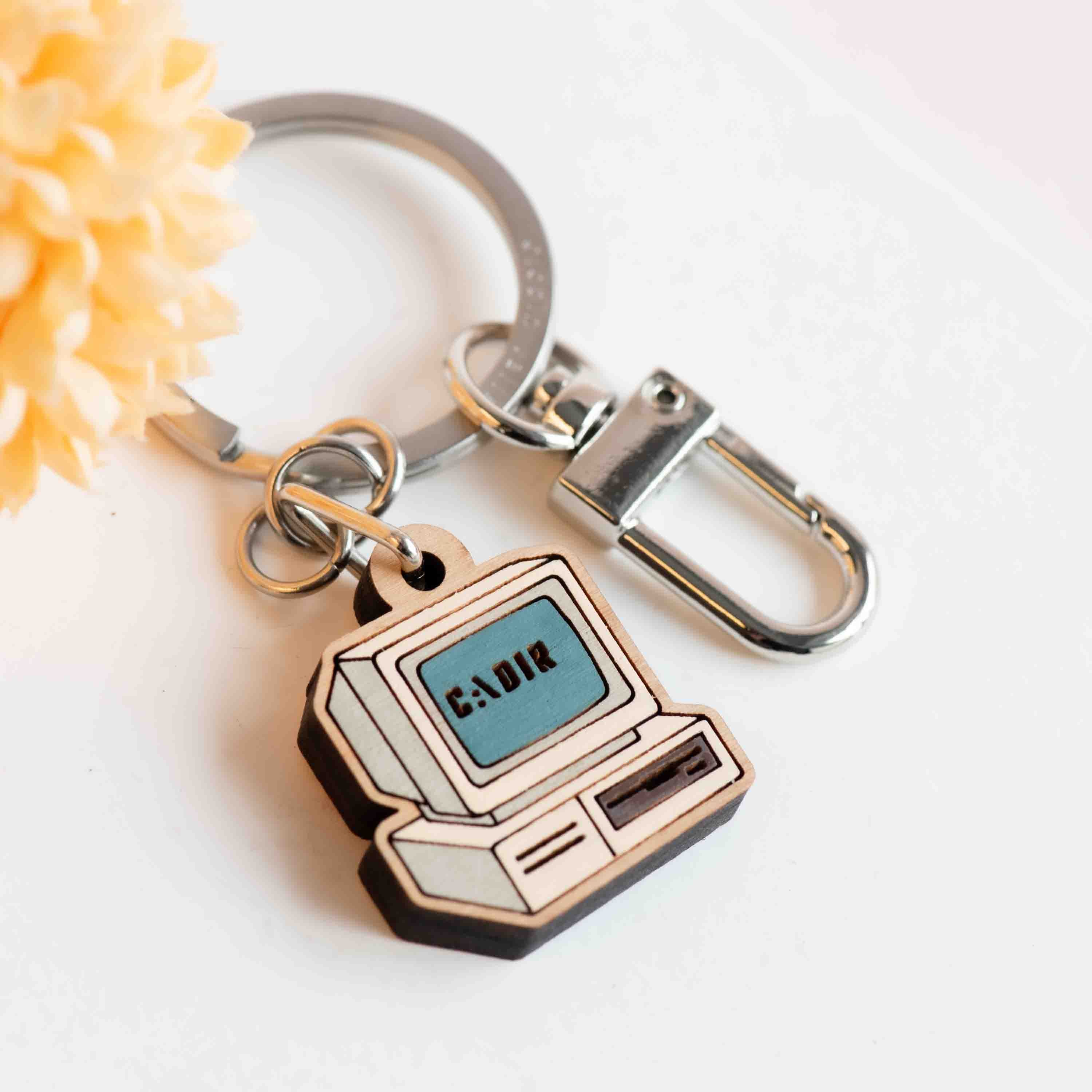 Hand-painted Vintage Computer Wooden Keyring - KT25465