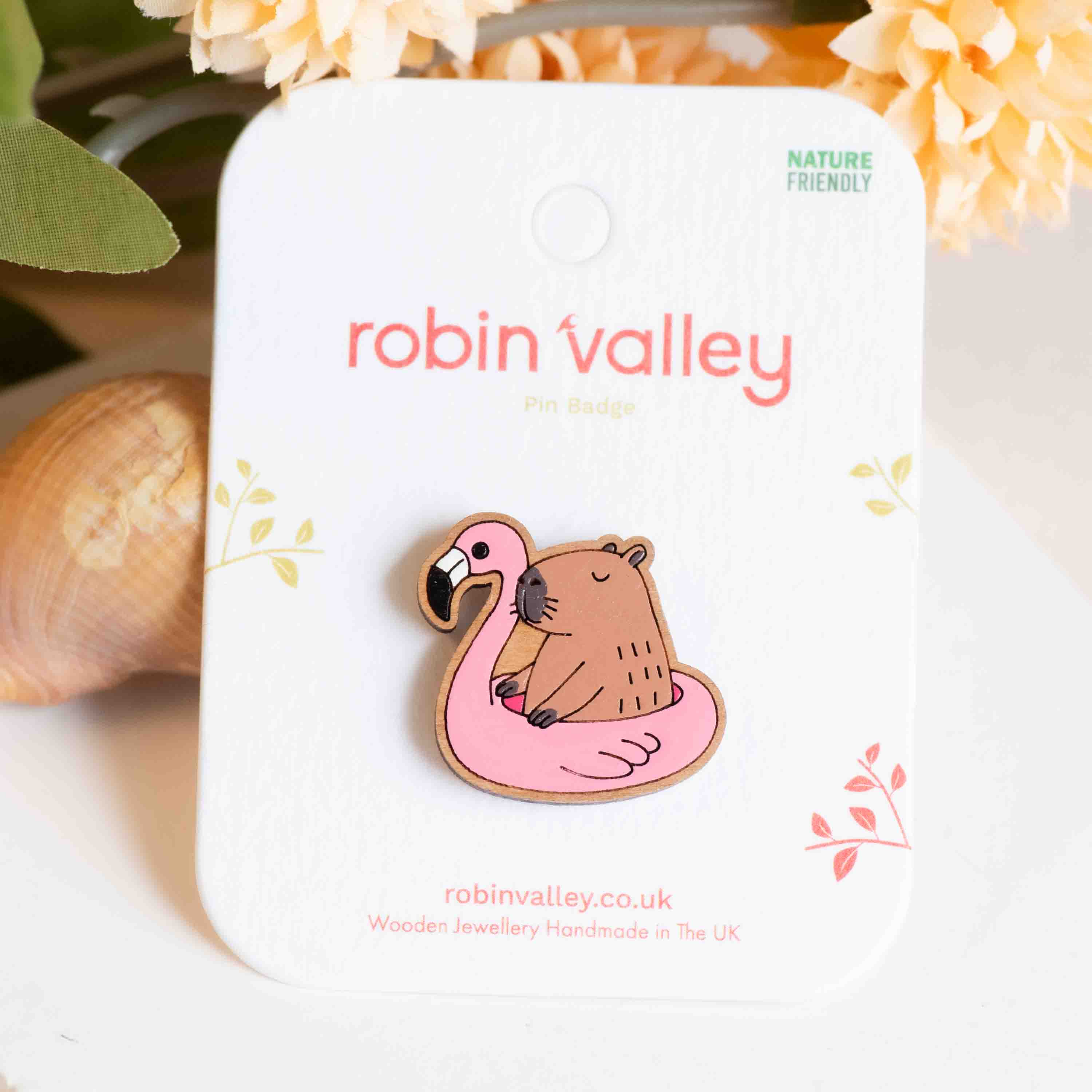 Hand-painted Capybara Ride On Inflatable Flamingo Wooden Pin Badge - PL40459