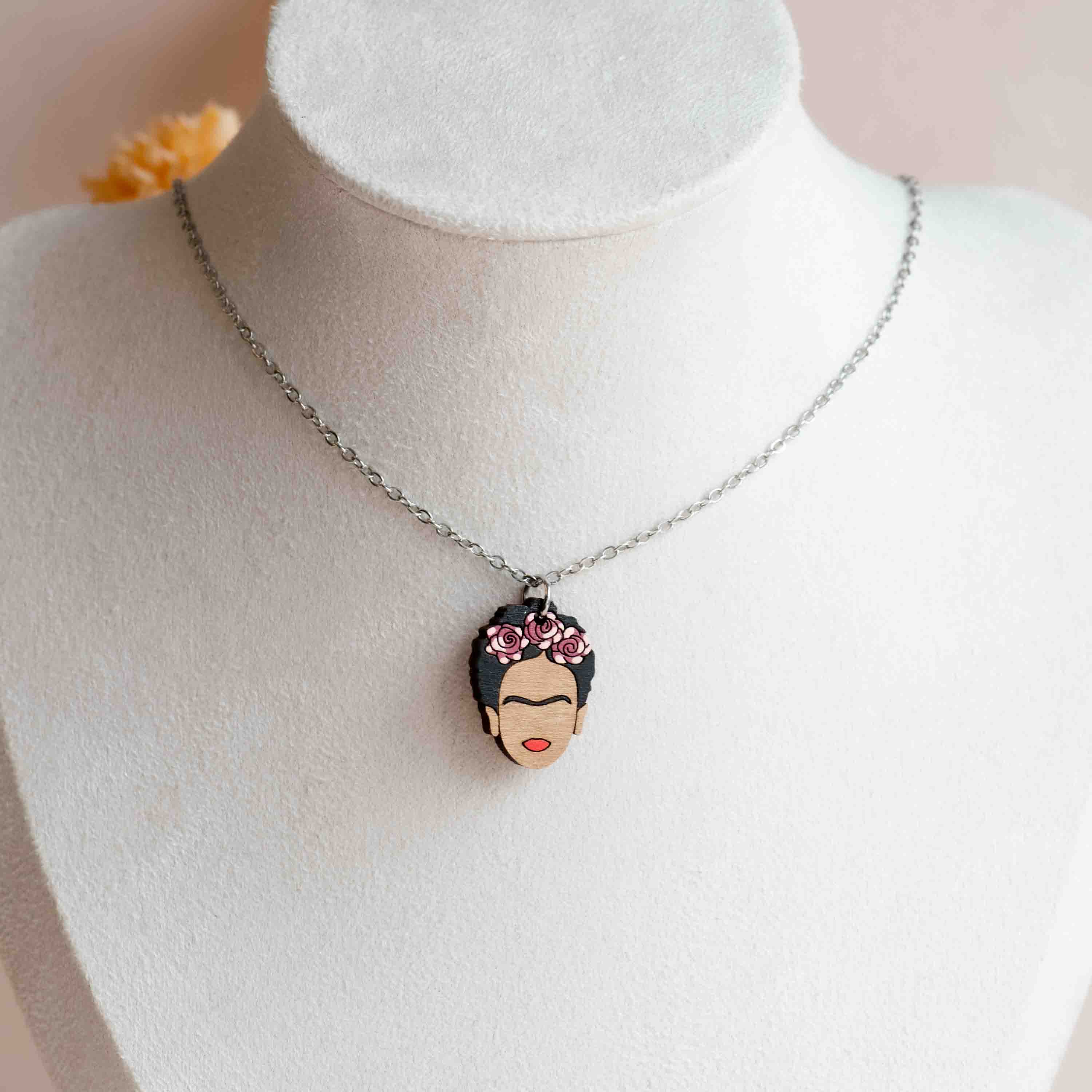 Hand-Painted Frida Wooden Necklace - NA65060