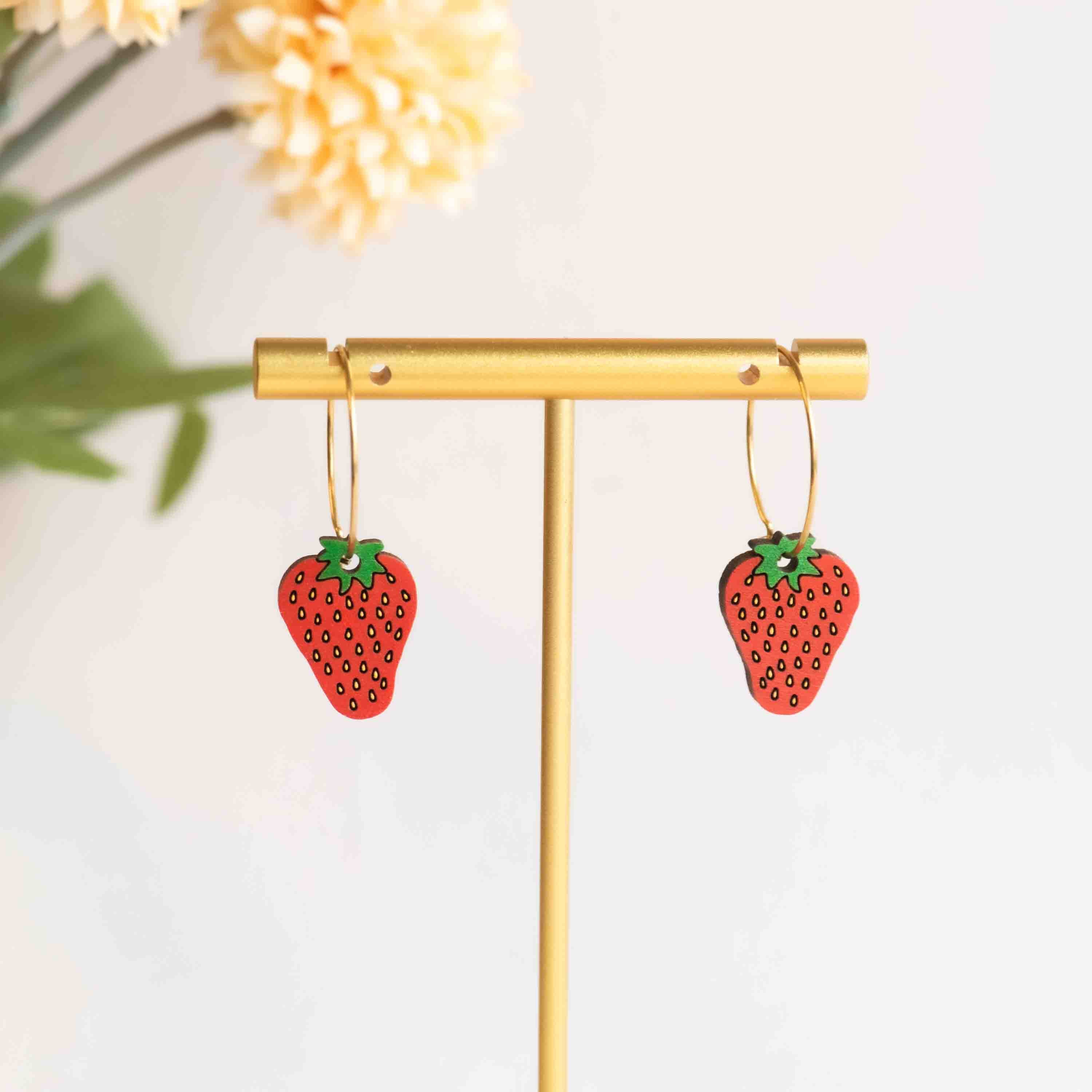 Hand-painted Delicate Strawberry Wooden Hoop Earrings - PEO14254H