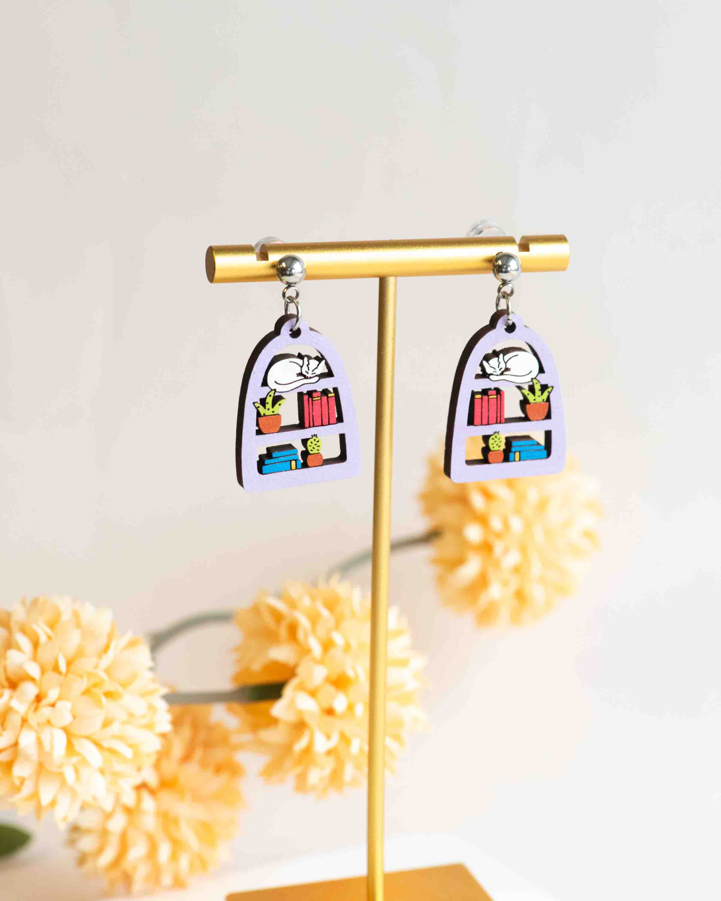 Sleeping Cat on Book Shelf Dangle Earrings