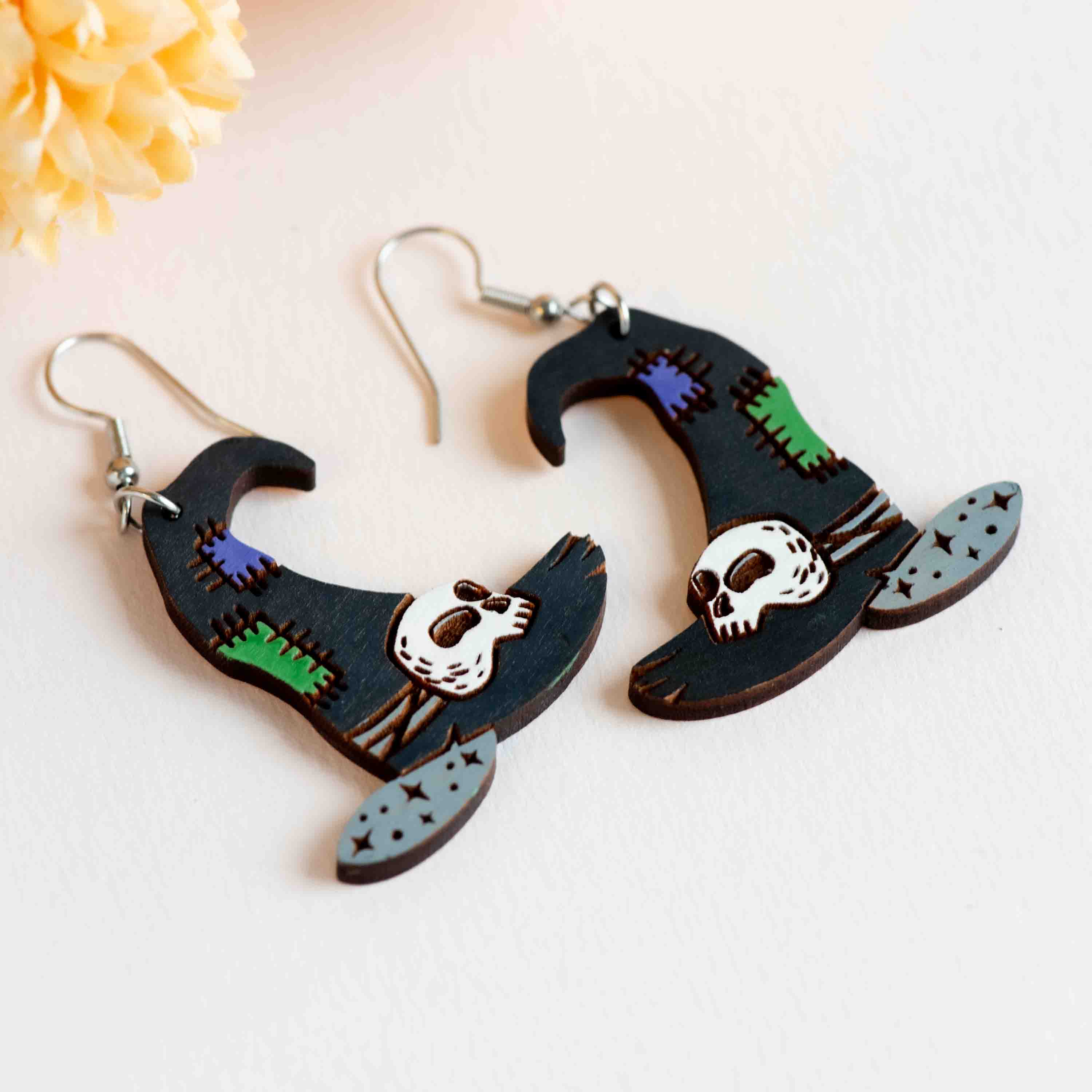 Hand-painted Patched Witch Hat Wooden Hook Earrings - PET15485D