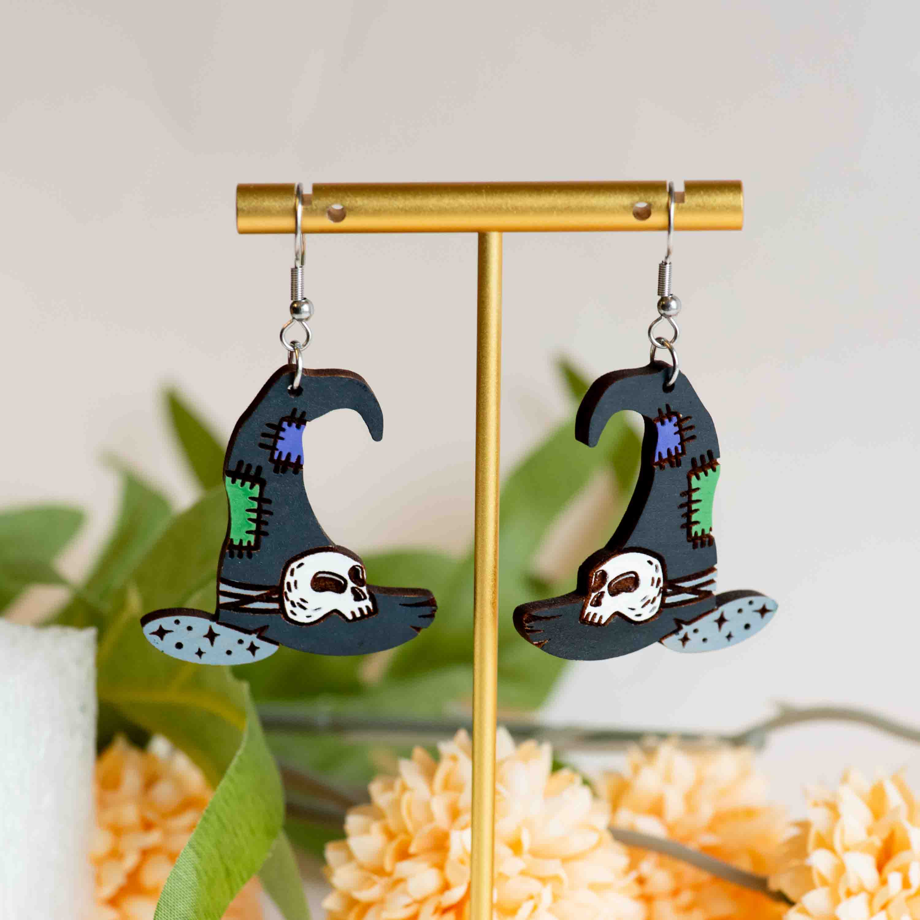 Hand-painted Patched Witch Hat Wooden Hook Earrings - PET15485D