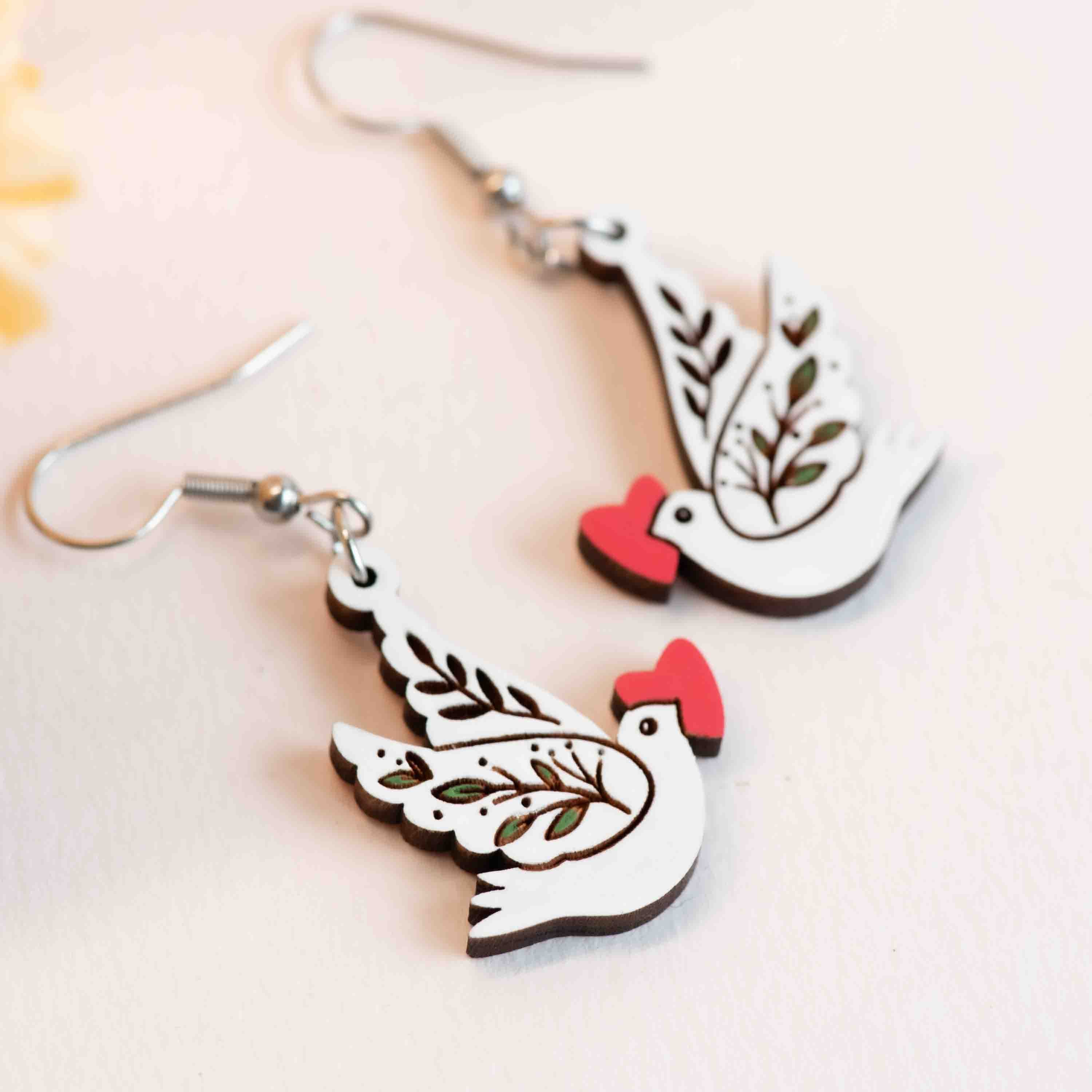 Hand-painted Wooden Heart Dove Hook Earrings - PEB12129D