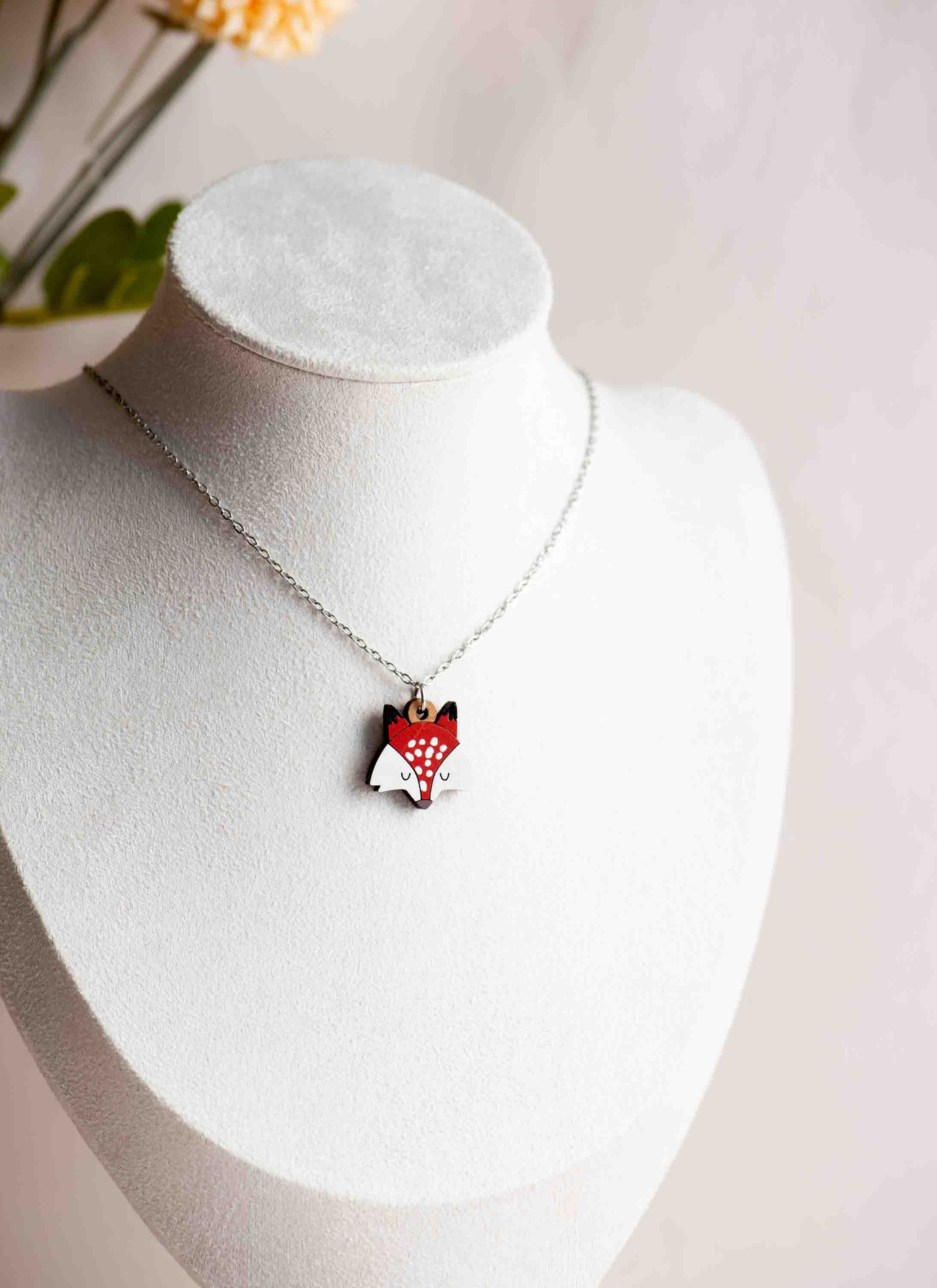 Hand Painted Woodland Fox Face Wooden Necklace - NL60482