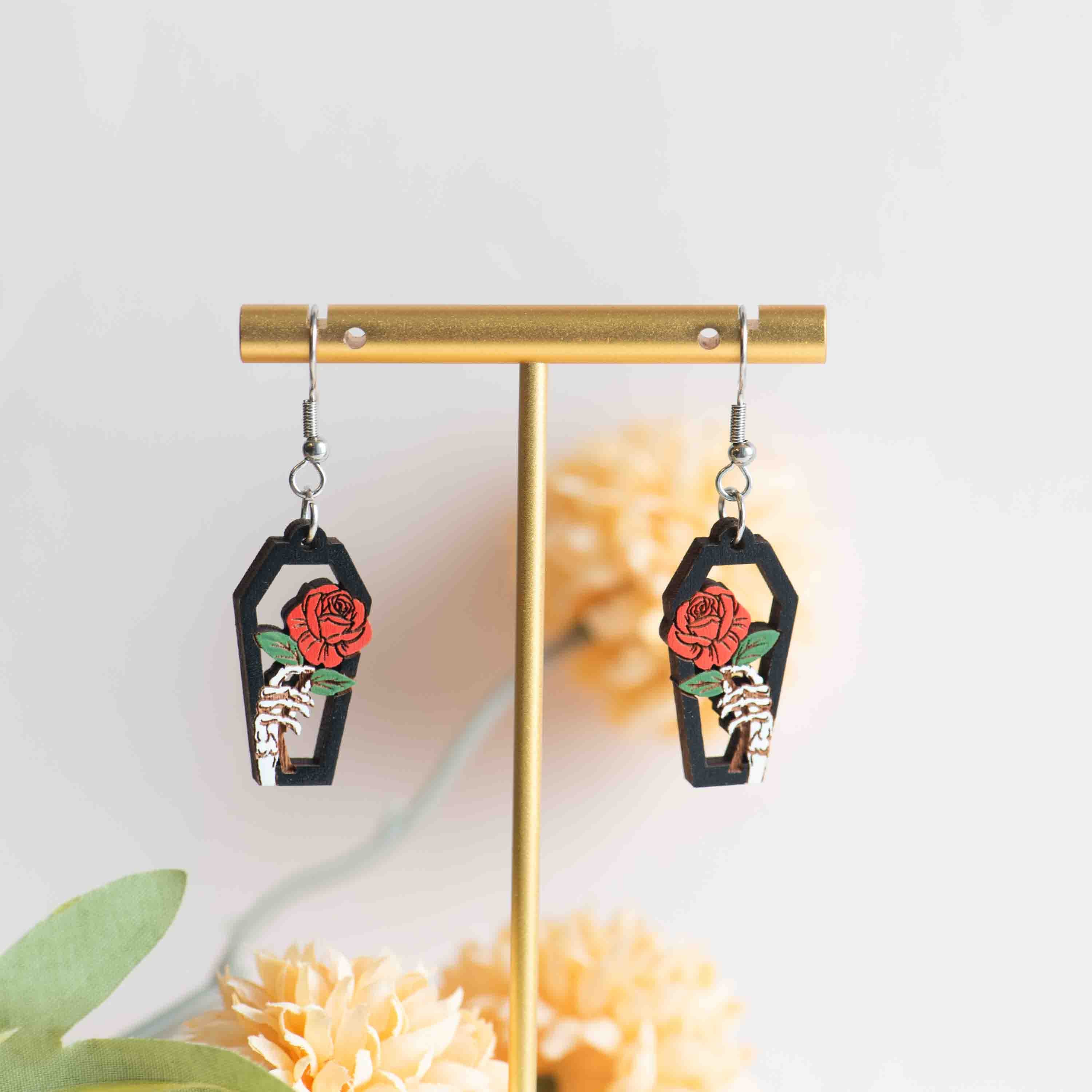 Hand-painted Coffin Hand Rose Wooden Hook Earrings - PET15483D