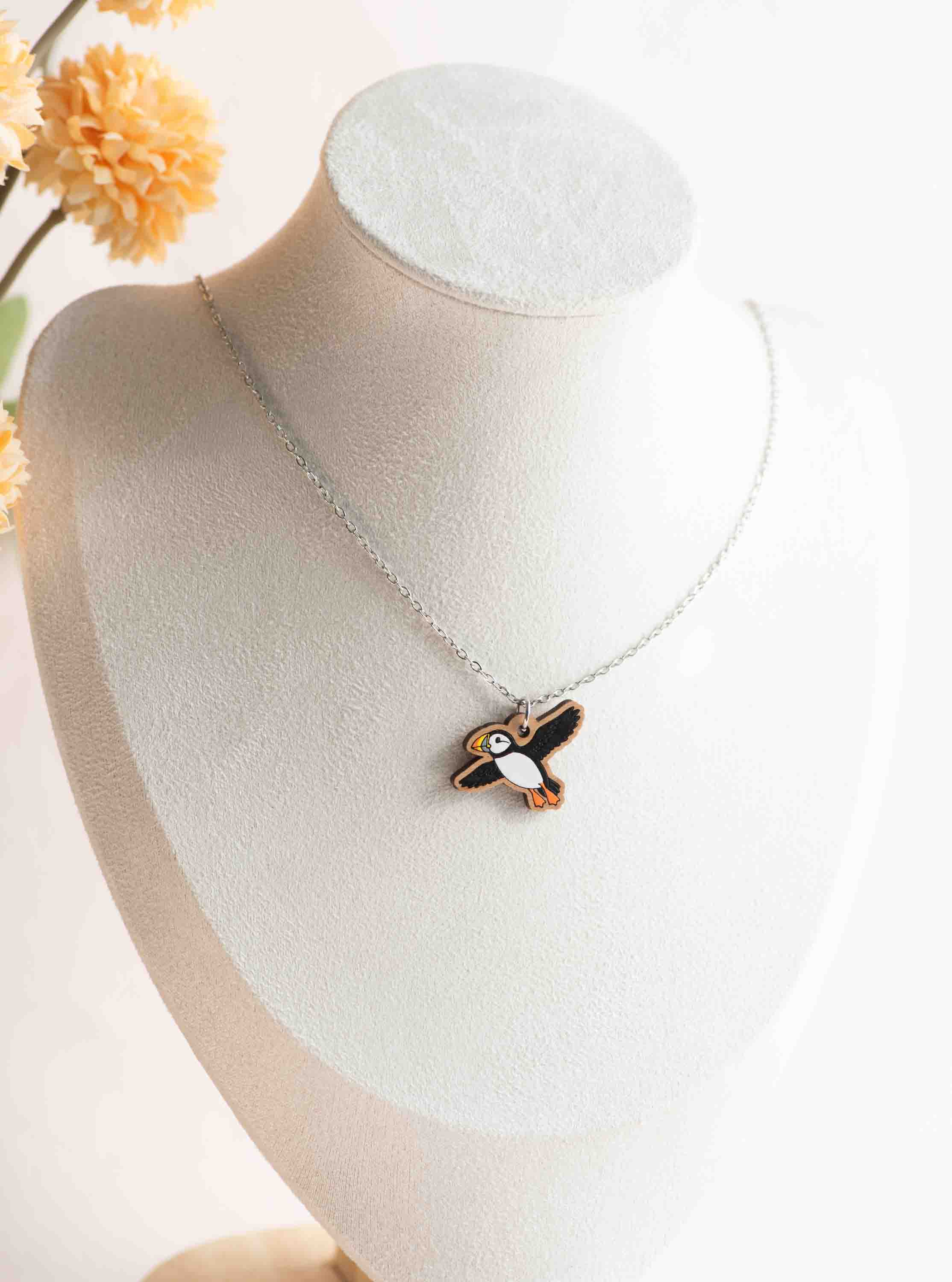 Hand Painted Flying Puffin Wooden Necklace - NB62125