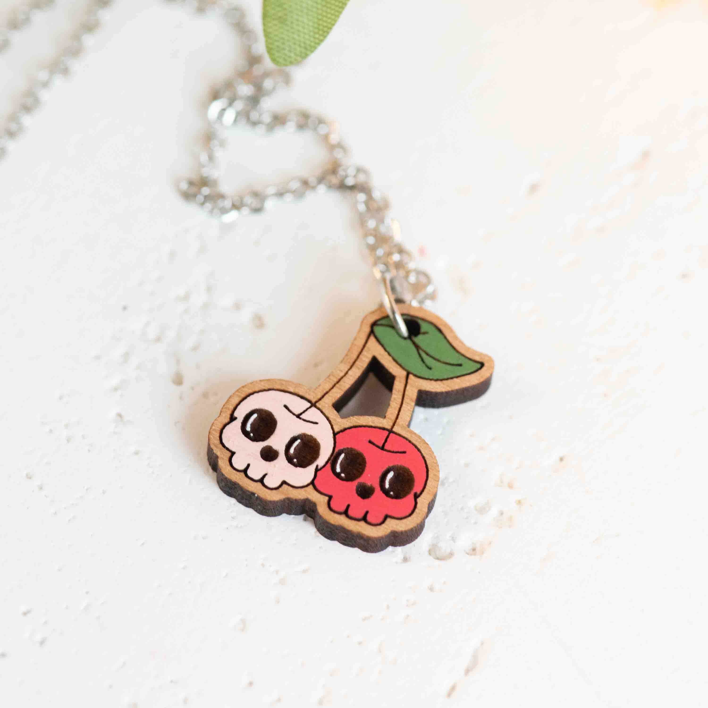 Hand Painted Skull Cherry Wooden Necklace - NT65440