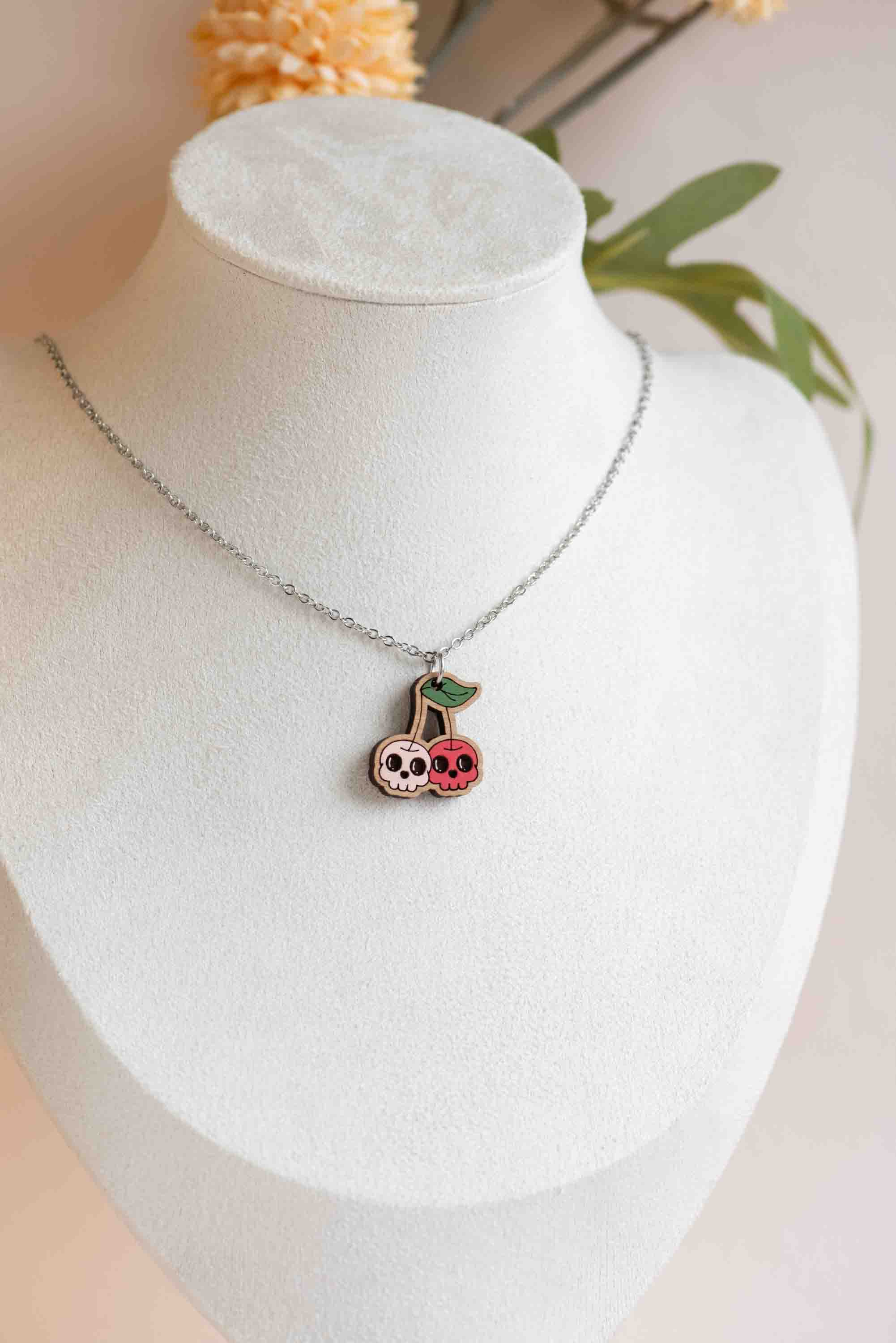 Hand Painted Skull Cherry Wooden Necklace - NT65440