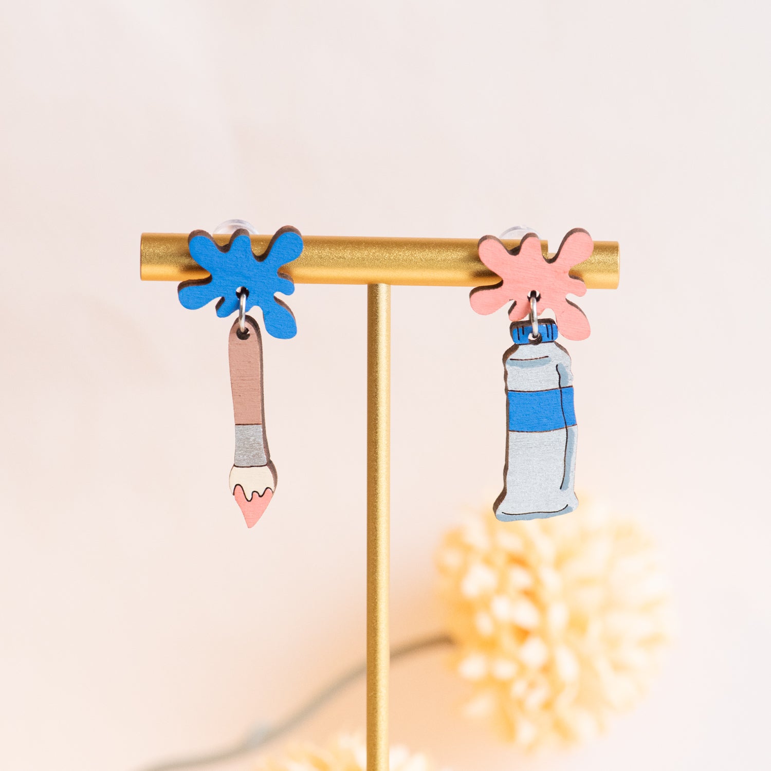 Hand-painted Wooden Paint and Brush Art Drop Earrings - PET15508D