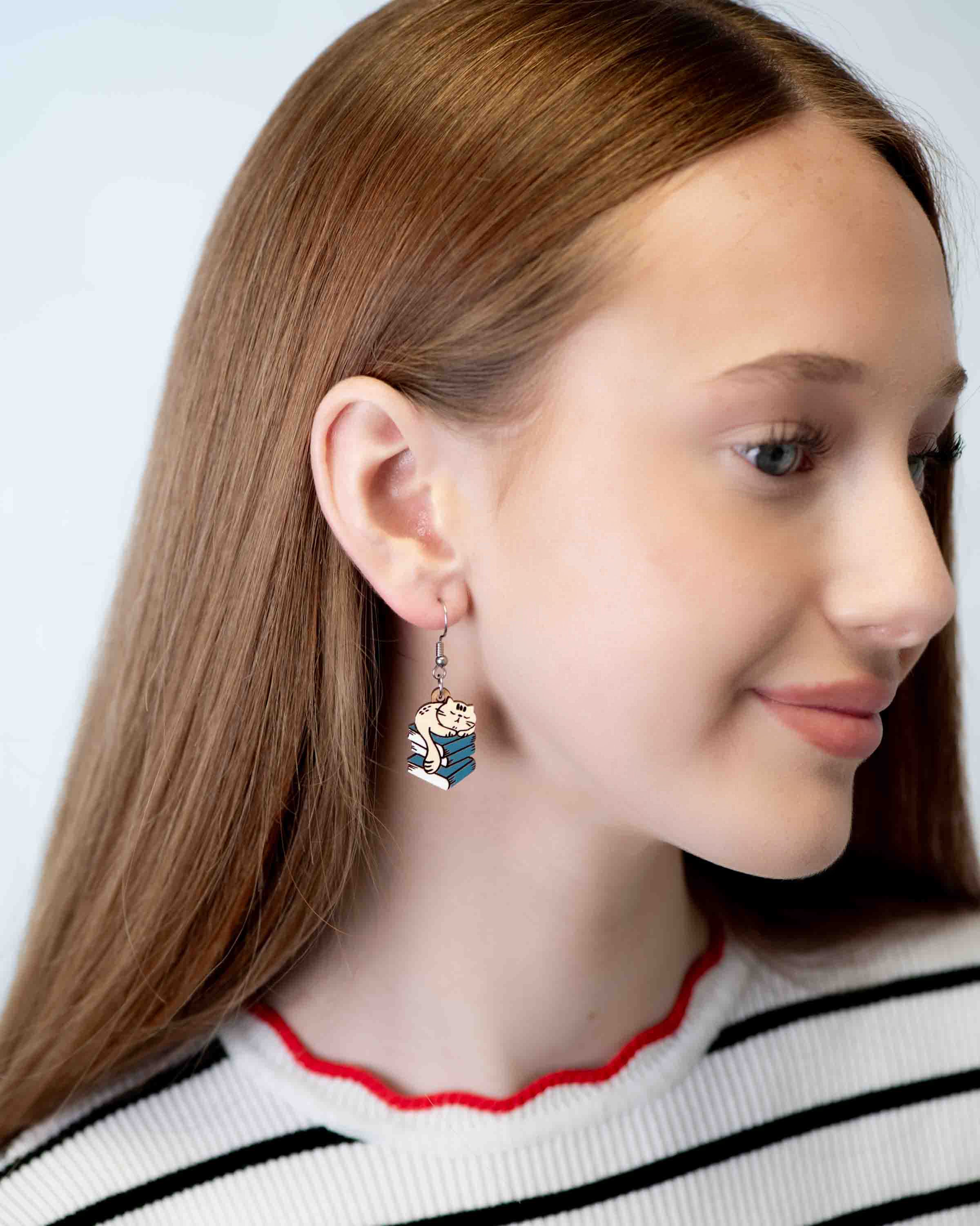 Sleeping Cat on Books Hook Earrings