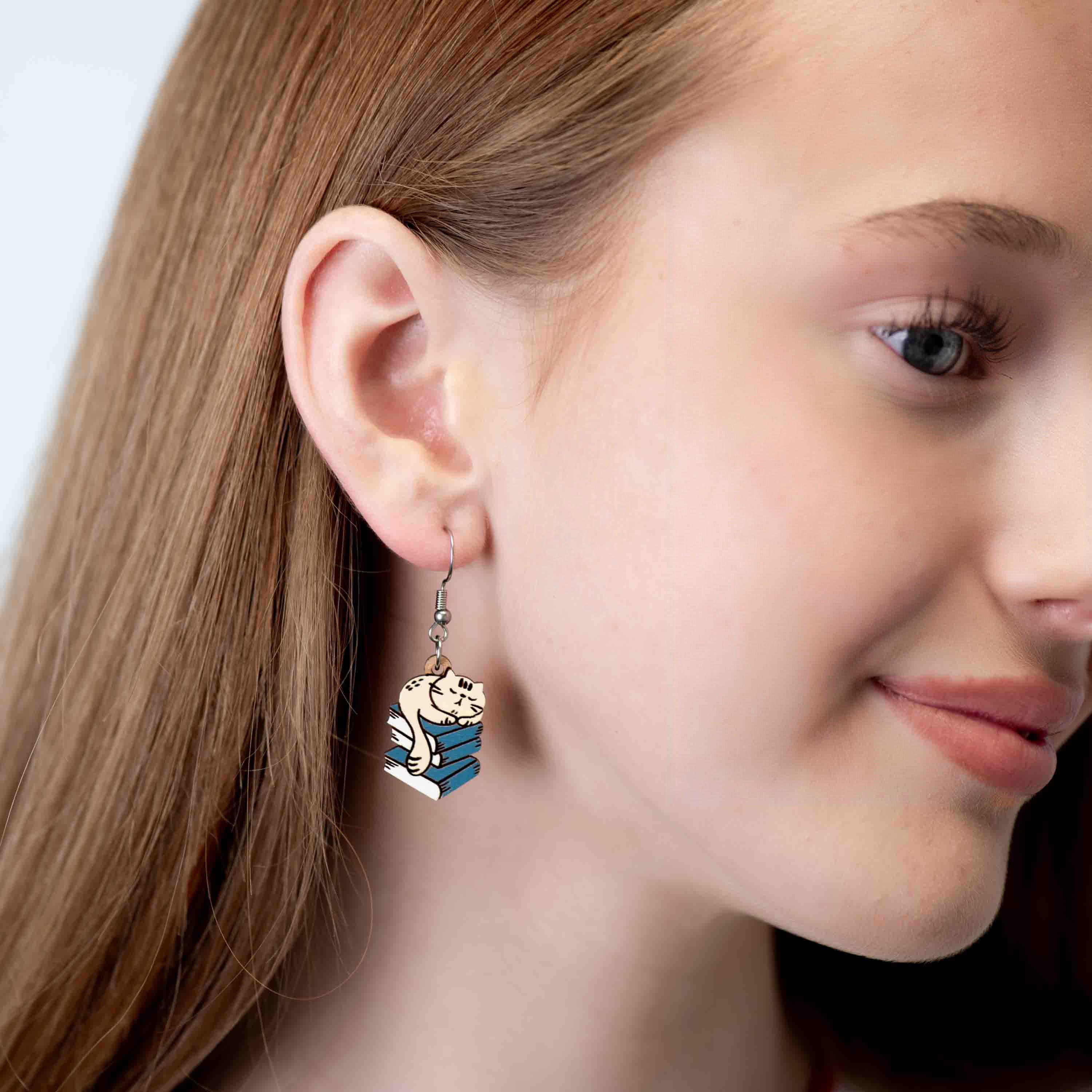 Sleeping Cat on Books Hook Earrings