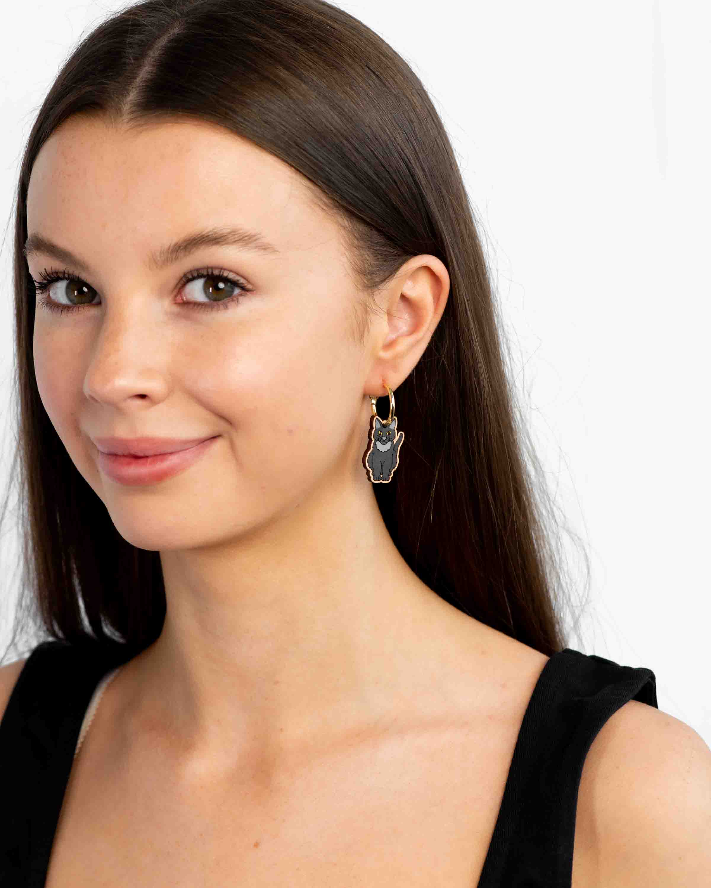 Hand-Painted Black Cat Hoop Earrings - PEL10335H