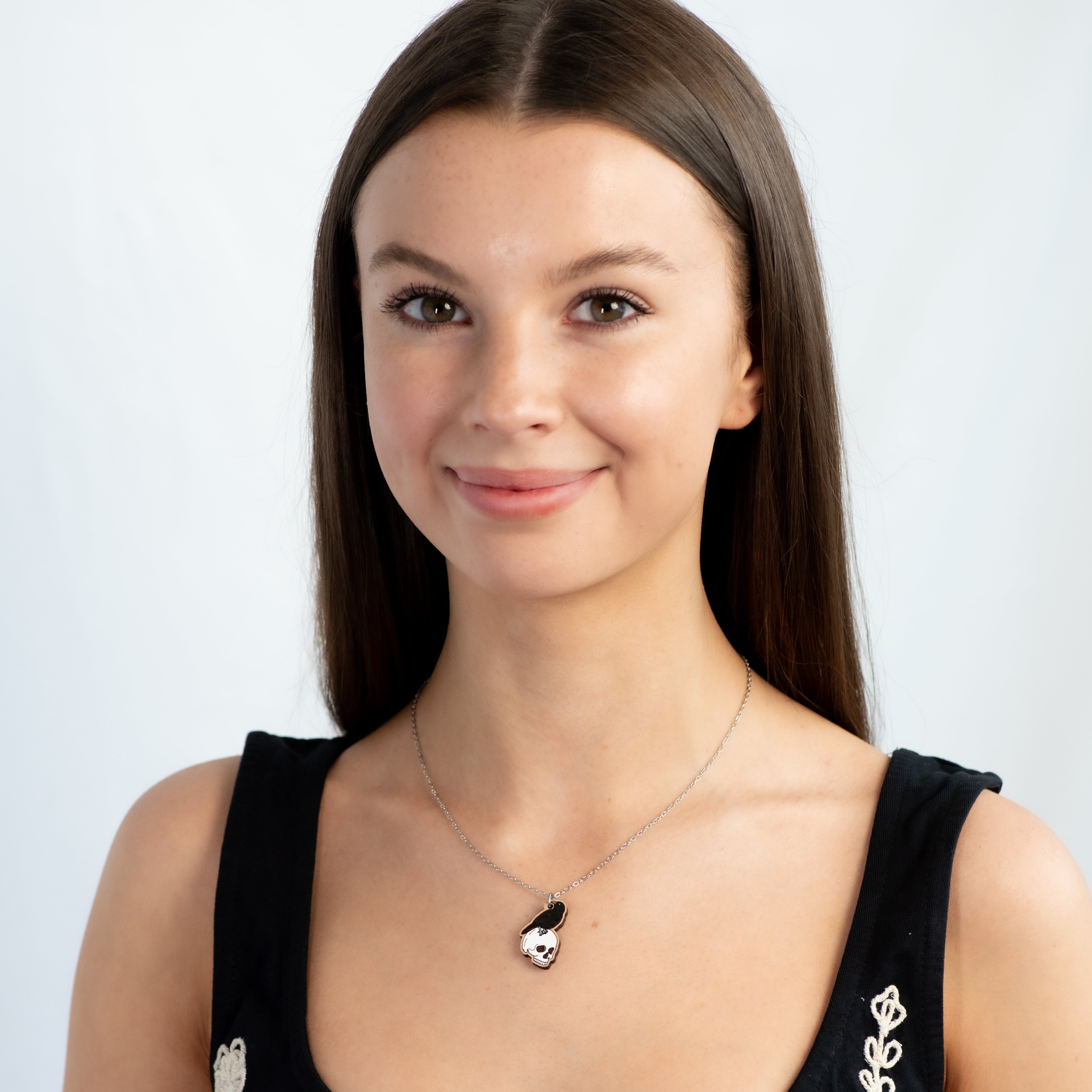 Hand-painted Wooden Raven Skull Necklace - NT65282