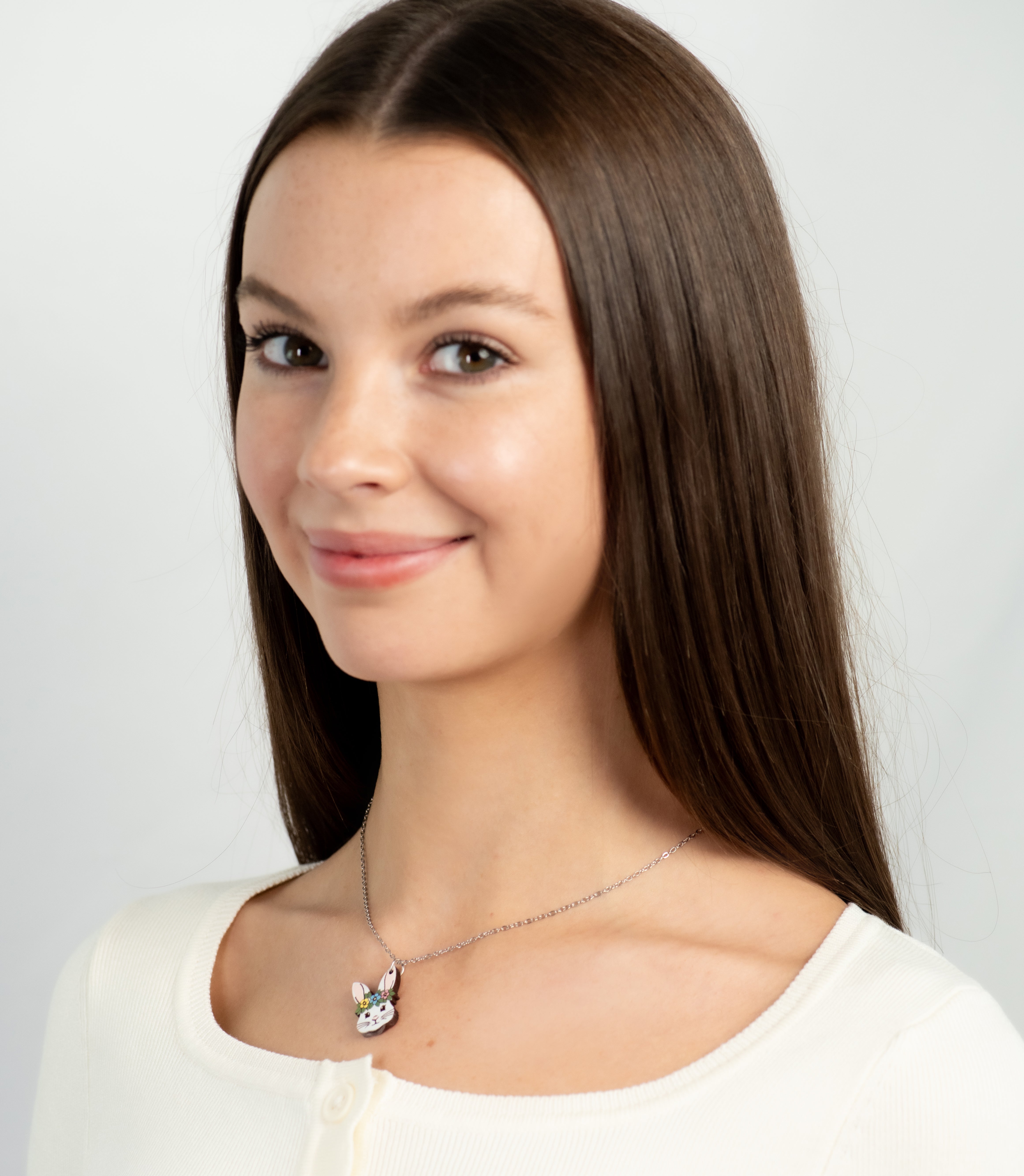 Hand Painted Flora Bunny Wooden Necklace - NL60448