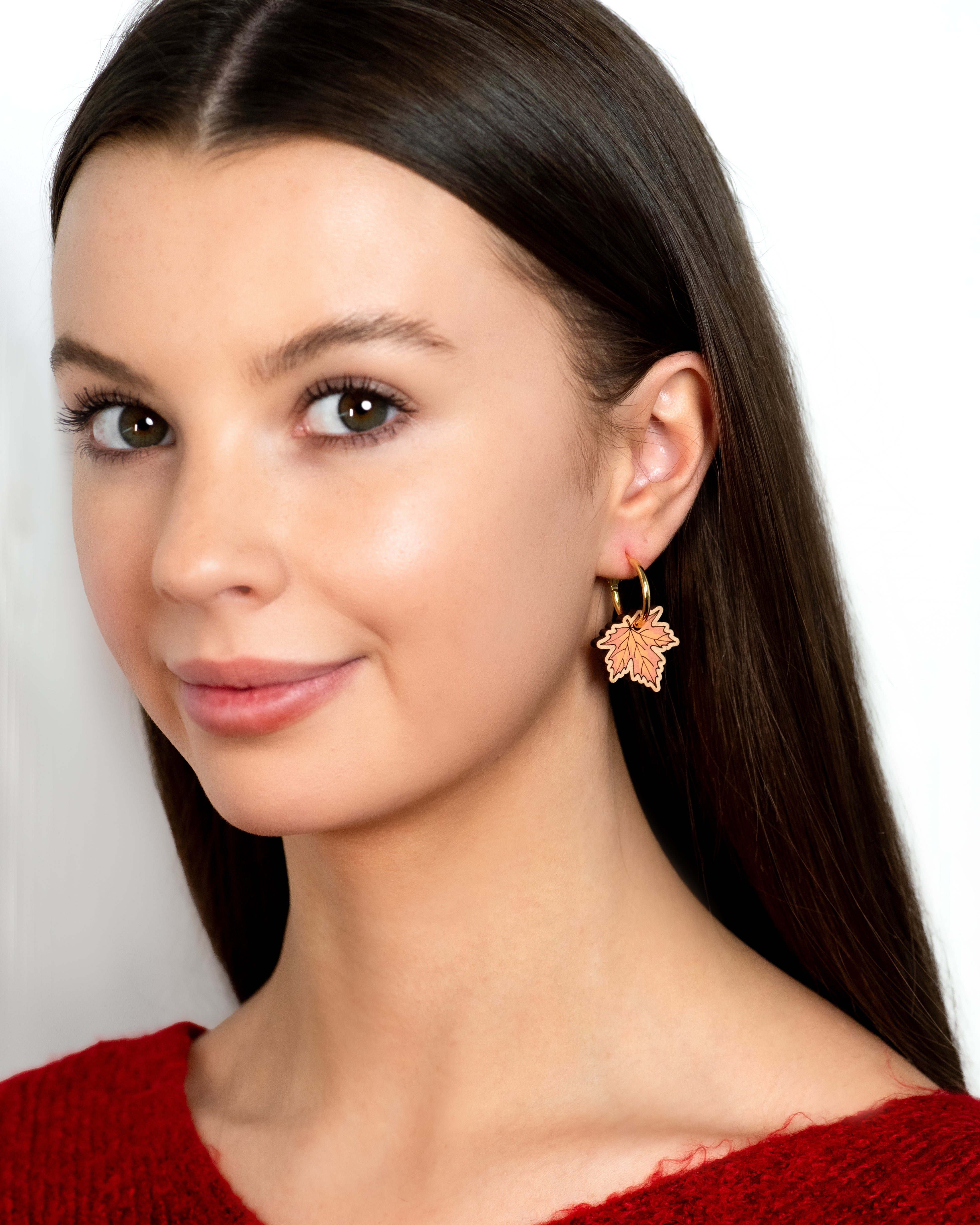 Hand-painted Maple Leaf Wooden Hoop Earrings - PEO14095H