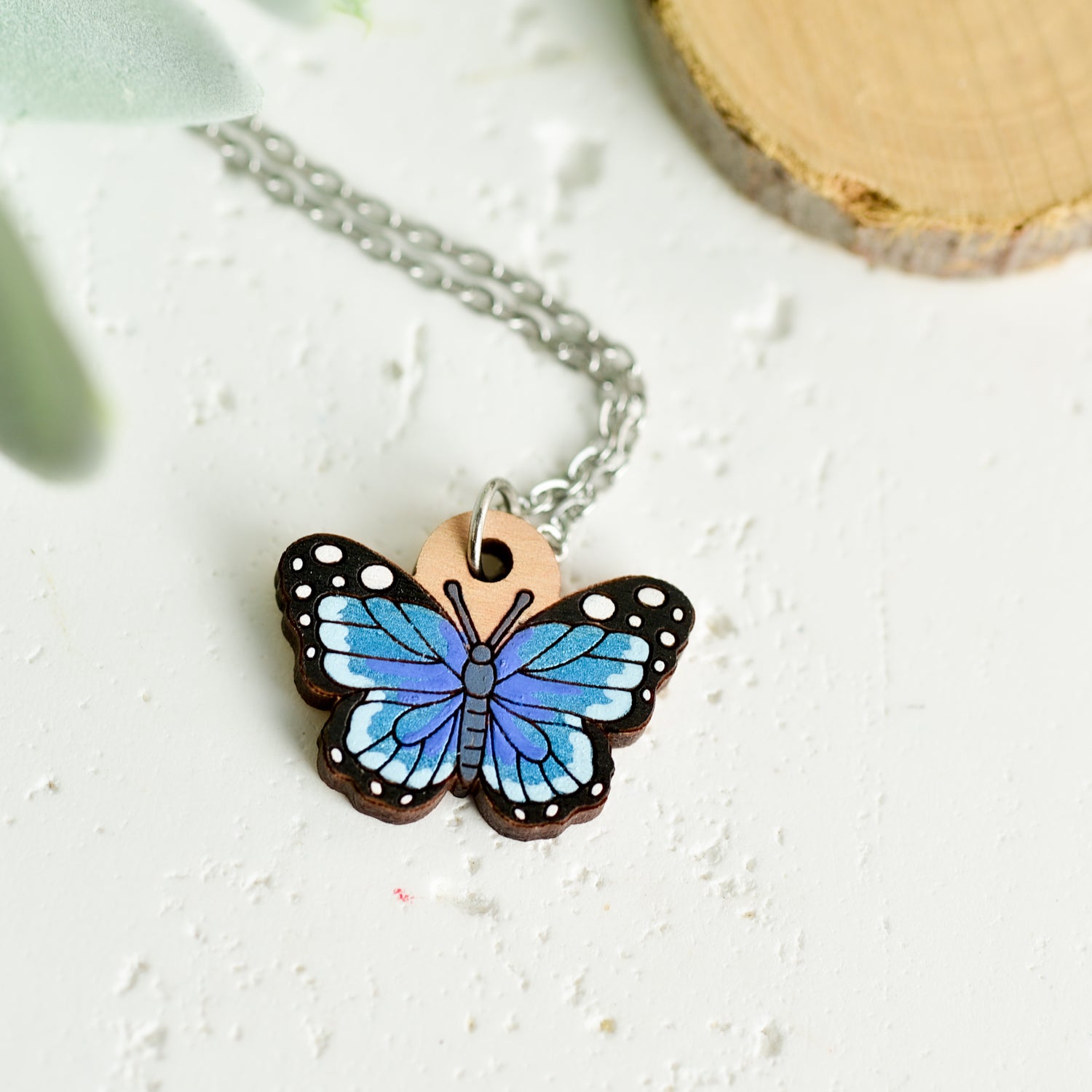 Hand Painted Wooden Blue Butterfly Necklace
