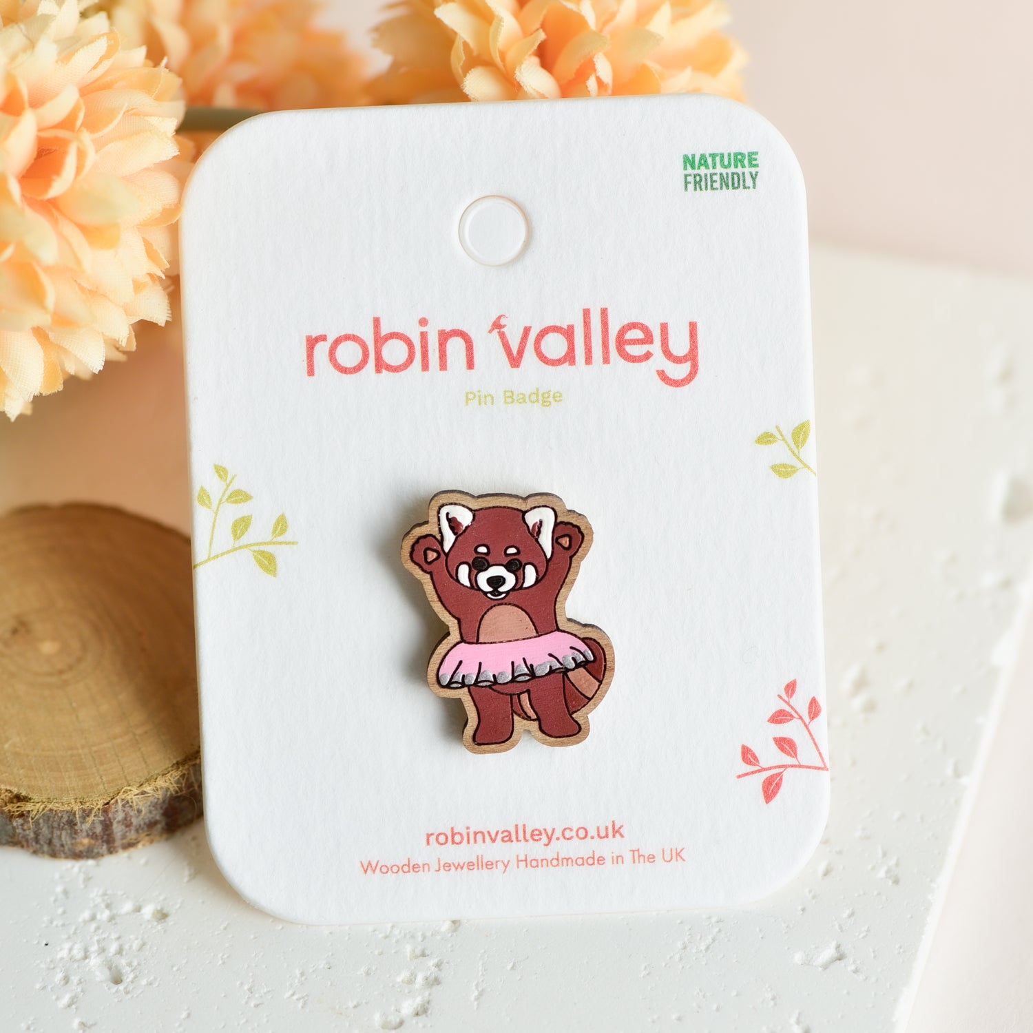 Hand-painted Wooden Dancing Red Panda Pin Badge - PL40185