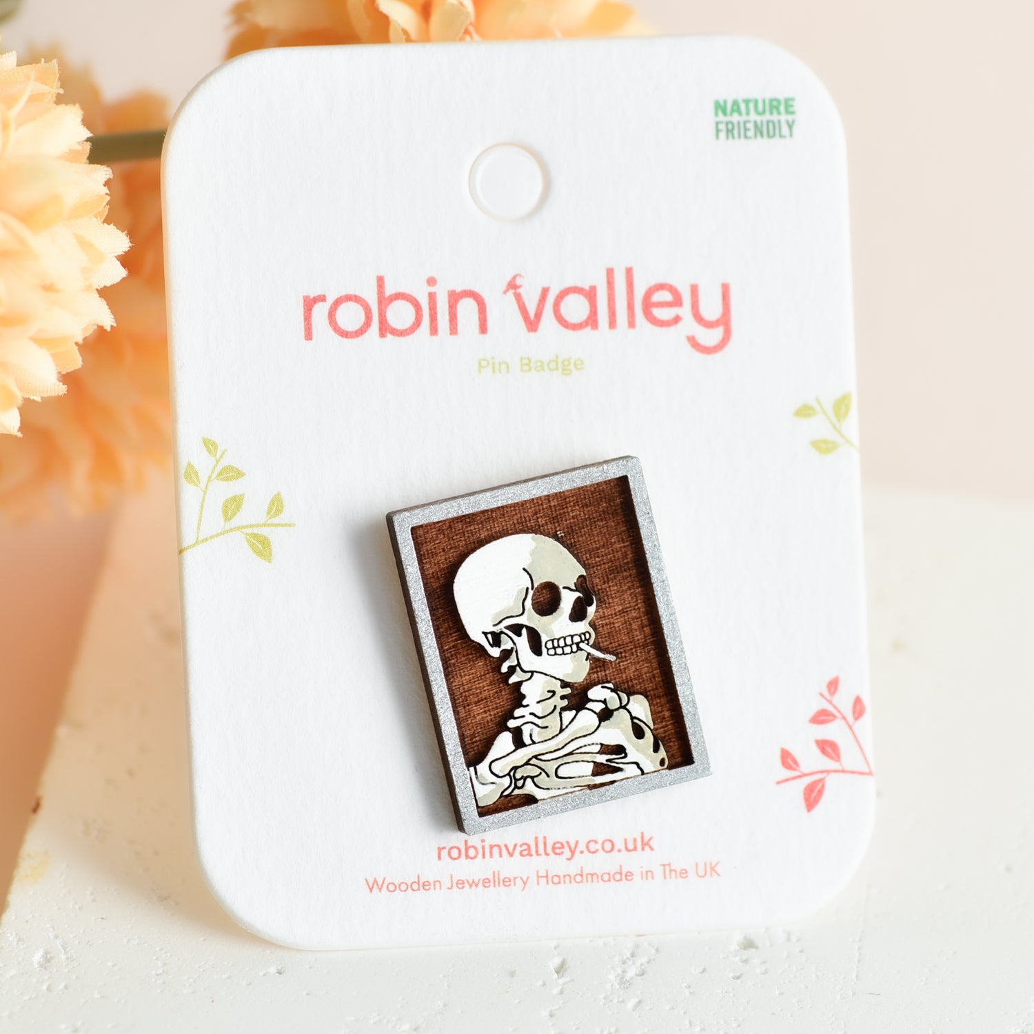 Hand-painted Wooden Skull of a Skeleton with Burning Cigarette Pin Badge - PT45309